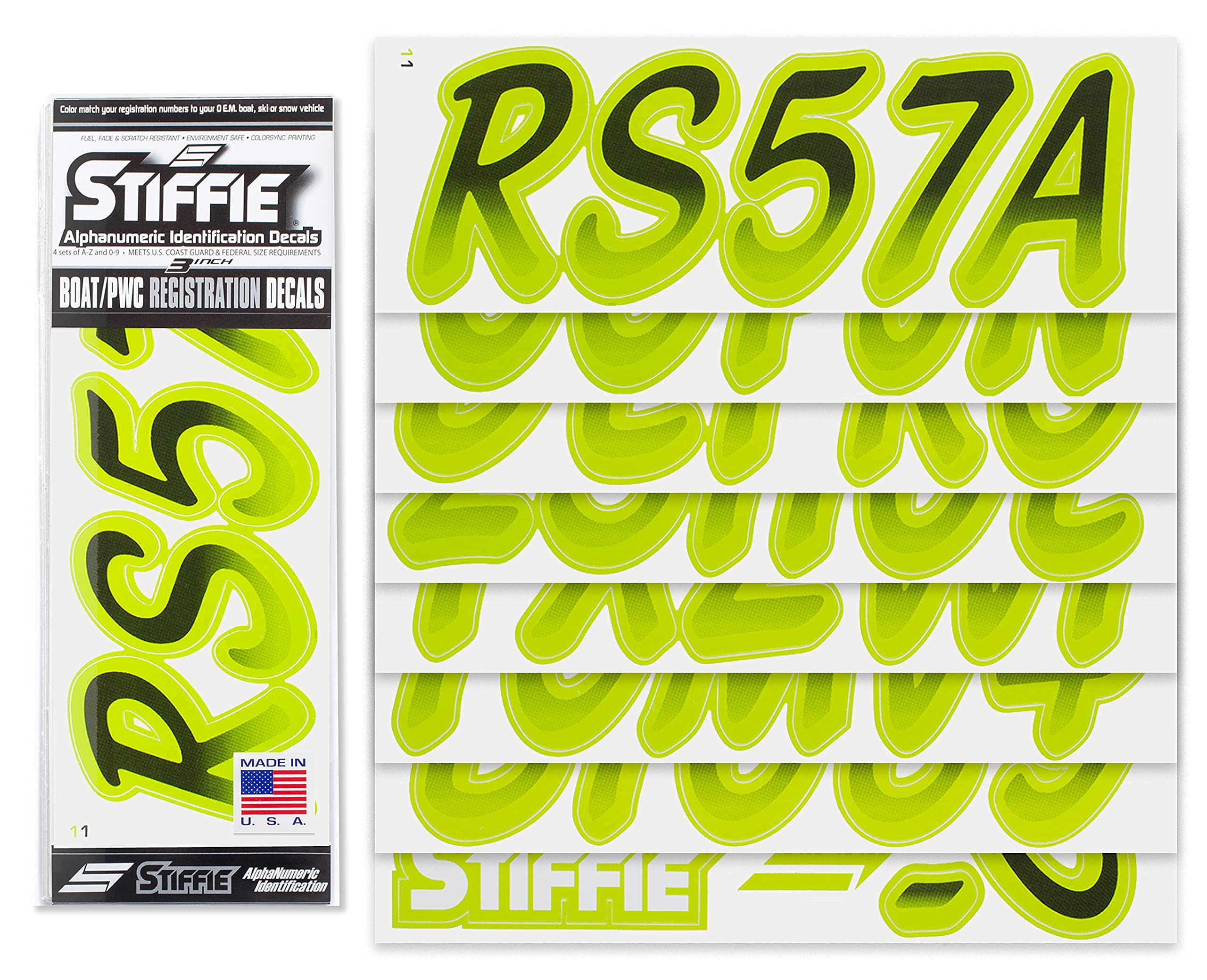 STIFFIE Whipline Black/Atomic Green 3'' Boat & PWC Registration Decals  Numbers Letters Stickers