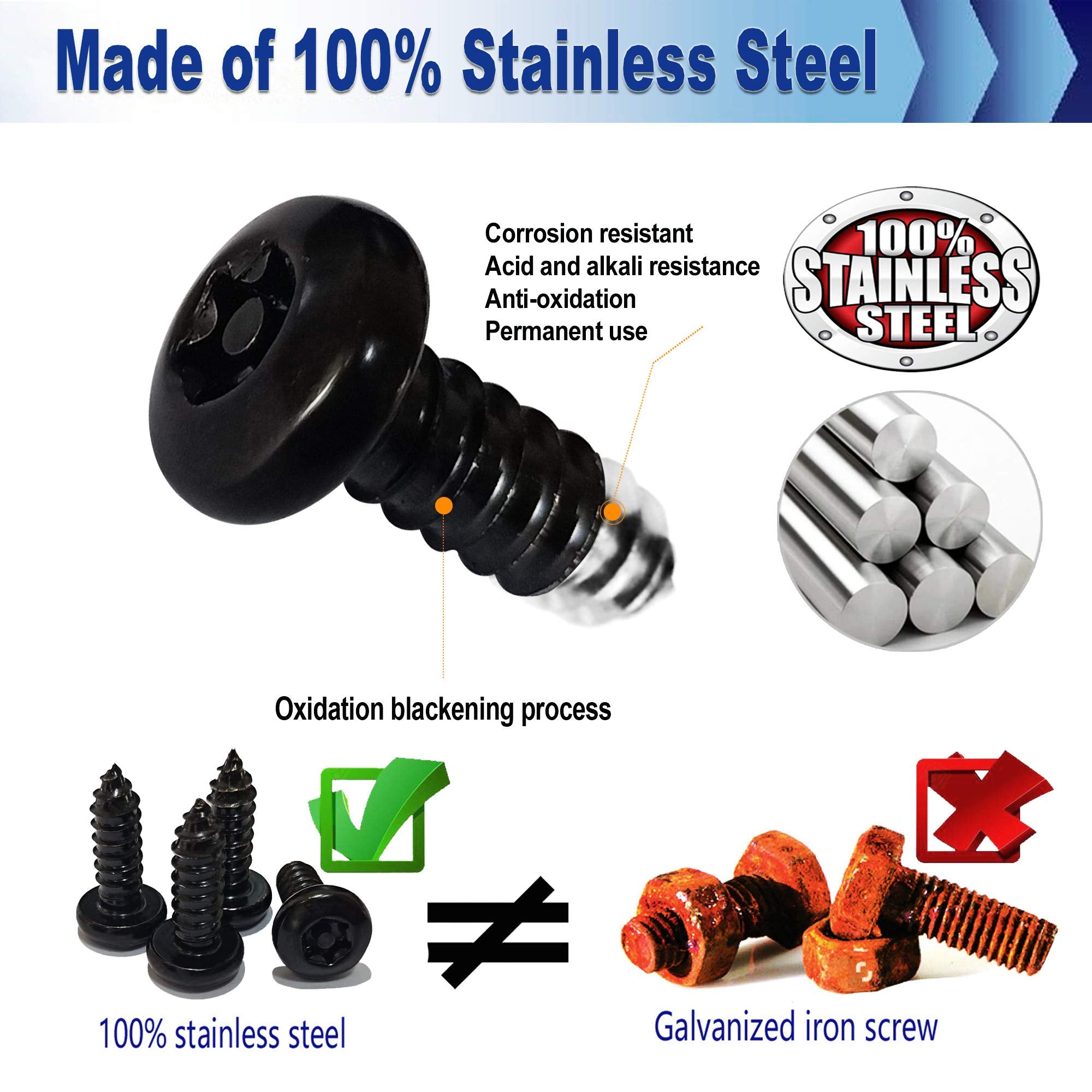 Aootf Black License Plate Screws- Anti Theft Screws For Car Tag Frame Cover, Stainless Steel Mounting Hardware Kit For Front/Rea