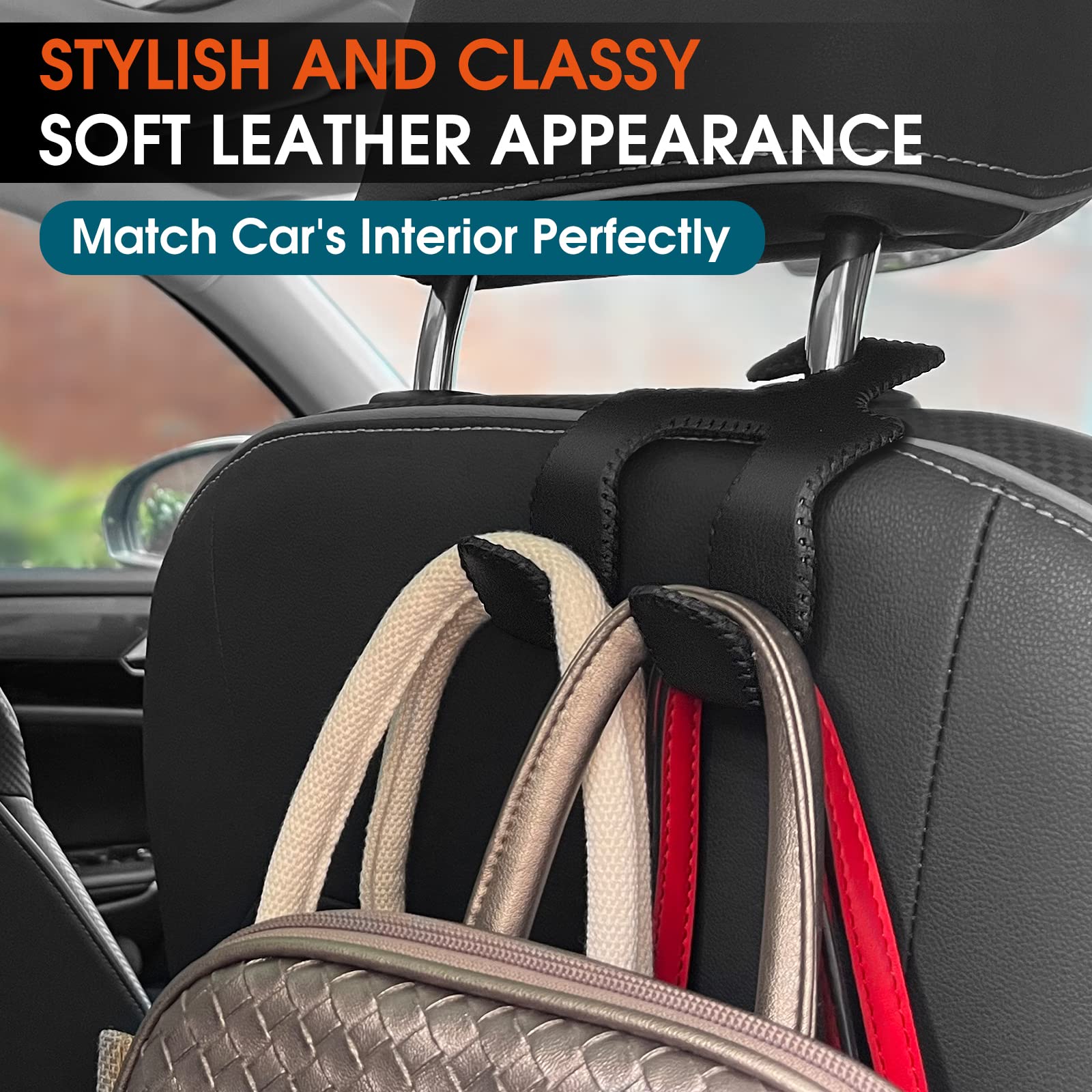 Lanvrion 2 In 1 Car Headrest Hooks For Purses And Bags, Upgraded Leather Organizer Storage Holder Hooks Matching Cars Interior,