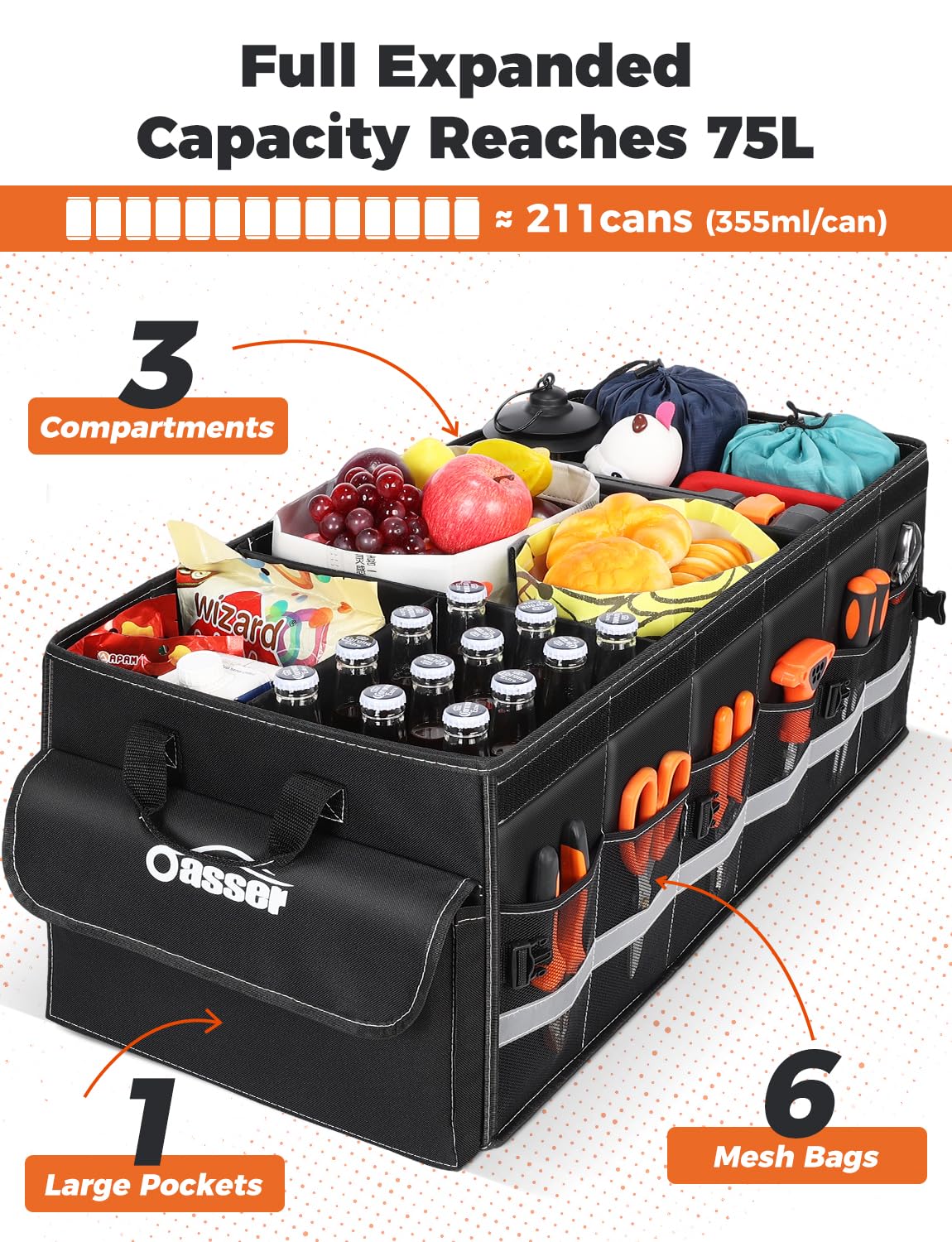 Oasser Car Trunk Organizer For Suv 75L Collapsible 4 Compartment Storage, Foldable Organizer Car Accessories For Women/Men