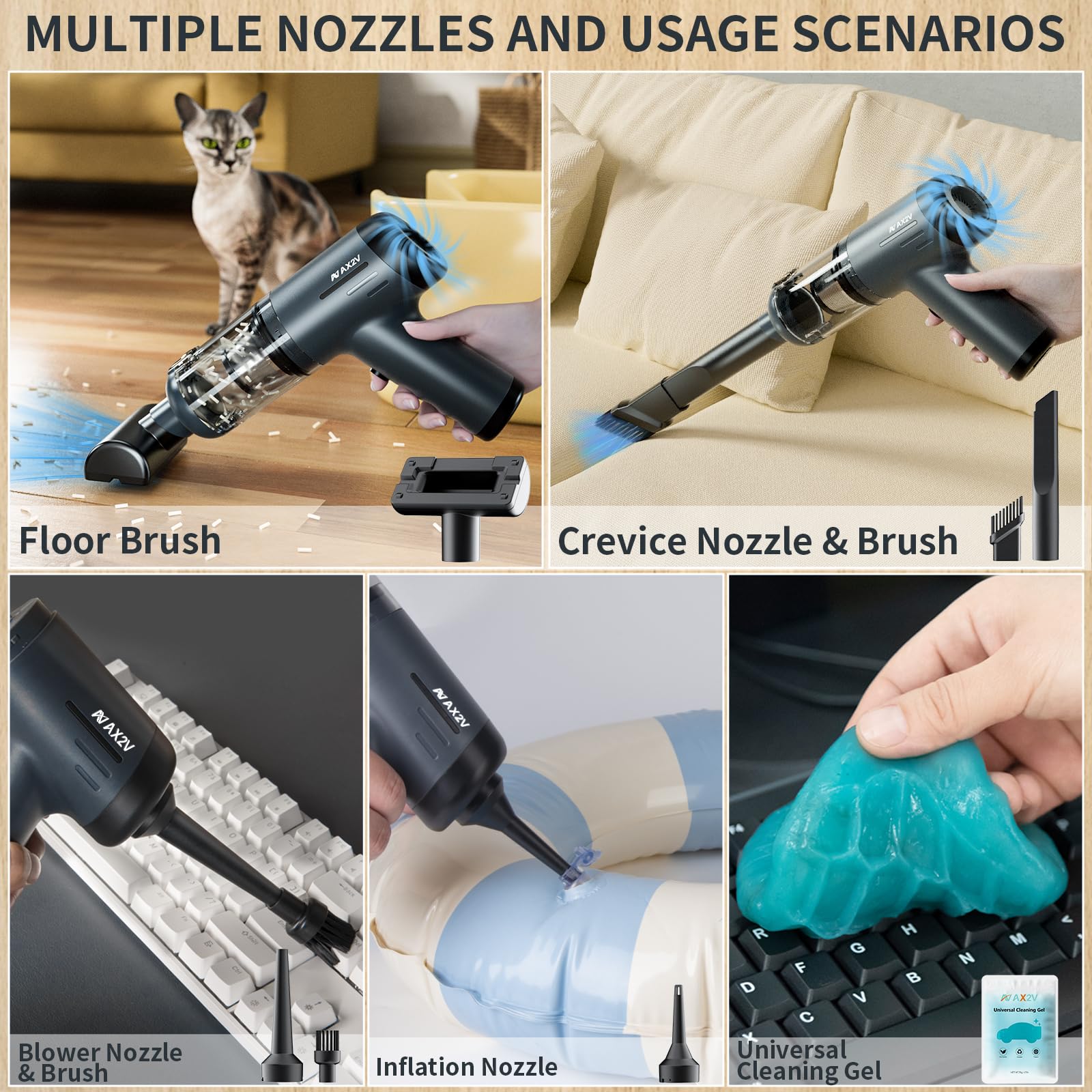 AX2V Handheld Vacuum Cordless Rechargeable - 2 in 1 Portable High Power Vacuum 16000PA Suction for Car with Cleaning Gel for Hom