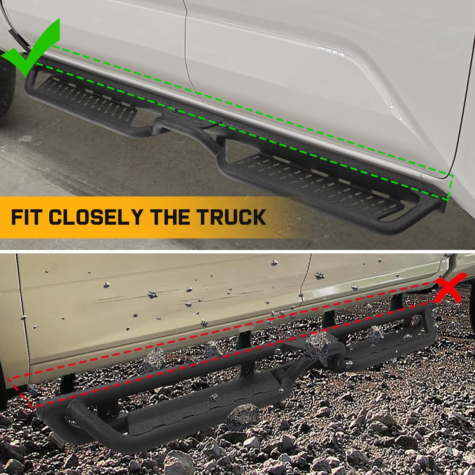 Smanow Running Boards Compatible With 2009-2018 Dodge Ram 1500 Crew Cab (Incl. 2019+ Classic Model), 2010-2024 Ram 2500 3500 Crew Cab, Black Side Steps, Step Bars Nerf Bars With Middle Steps.