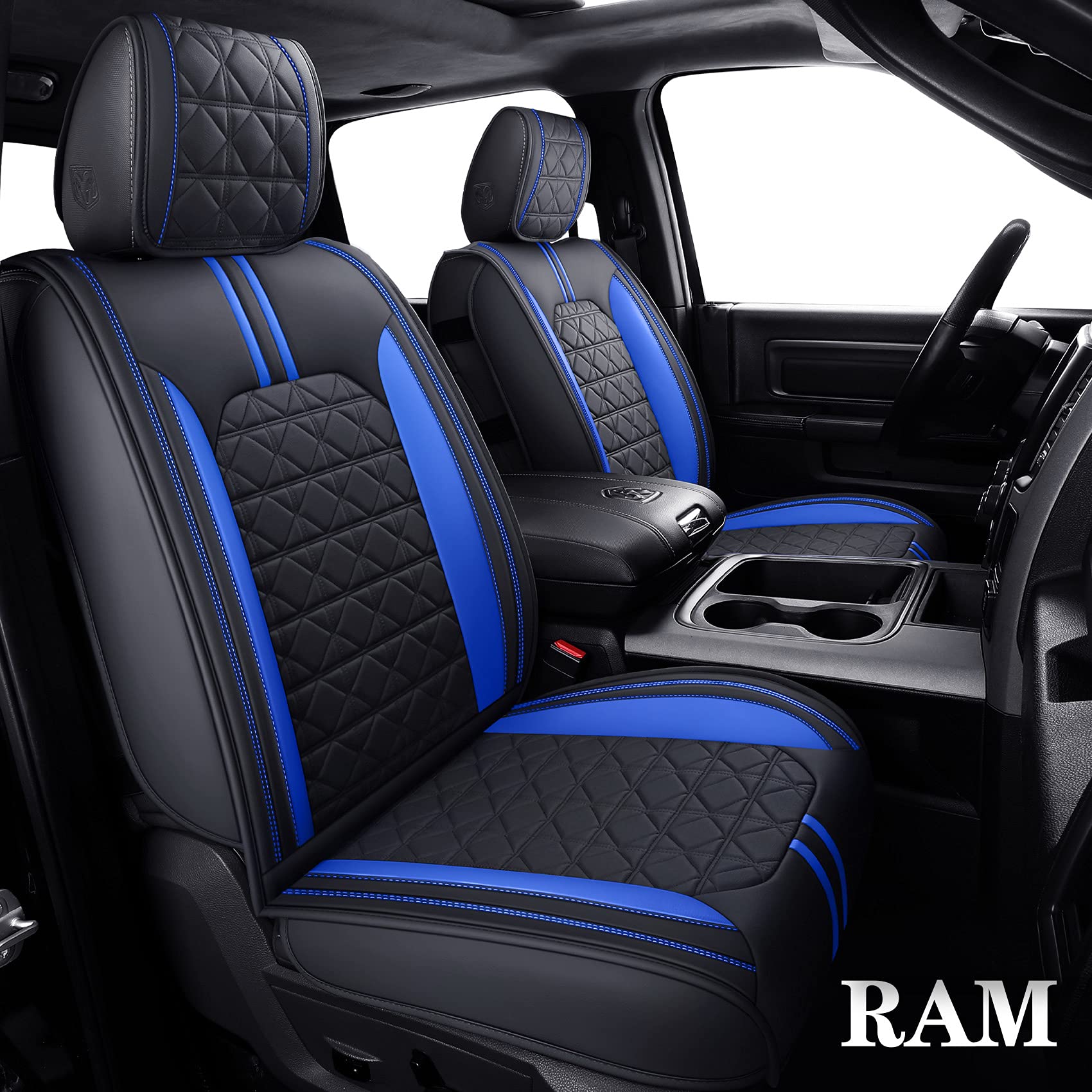 Yiertai For Dodge Ram Seat Covers Fit 2009-2025 1500Hd 2010-2025 2500/3500Hd Crew Double Quad Rebel Cab Laramie Big Long Horn Rebel Tradesman Leather Seat Covers(5 Pcs Full Set/Black-Blue)