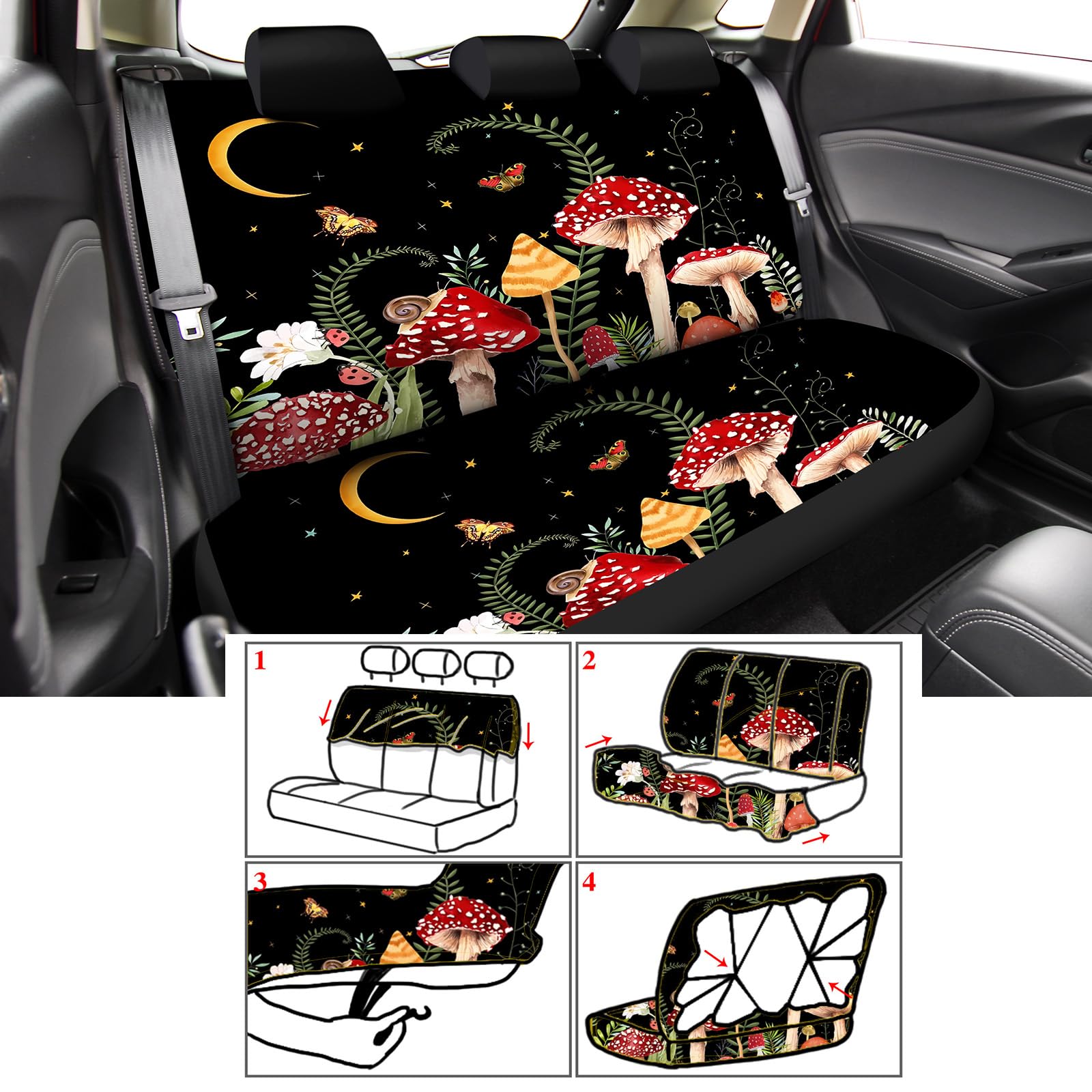 Fabbay 26 Pcs Mushroom Car Seat Covers Set with Protectors Steering Wheel Seat Belt Cover Floor Mat Armrest Cushion Key Chains A