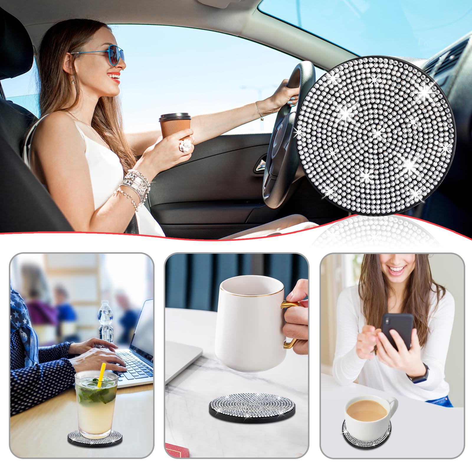 COCASES 4 Pack Bling Car Coasters, Car Cup Holder Coaster, Rhinestone Coaster for Cup Holders, Silicone Car Coasters for Women C