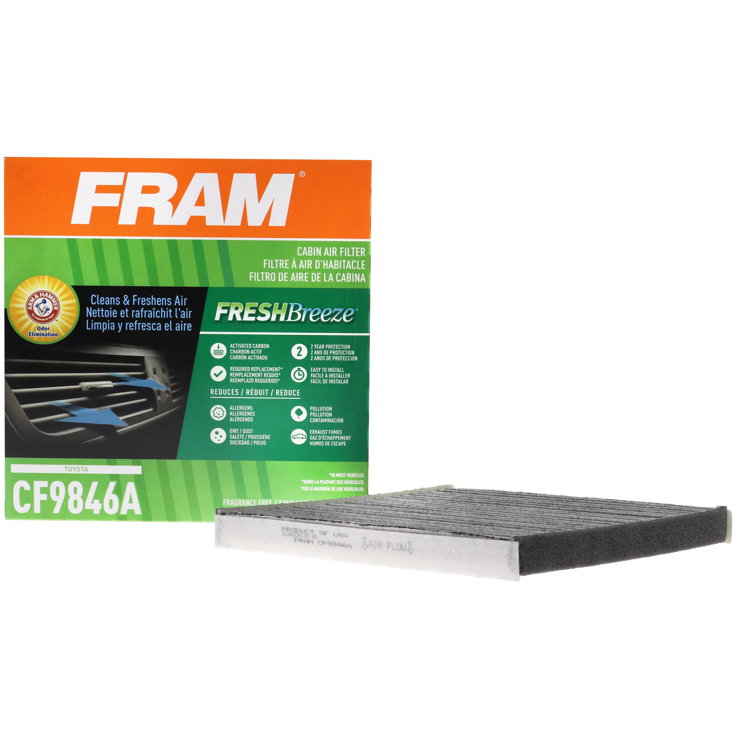 Fram Fresh Breeze Cabin Air Filter Replacement For Car Passenger Compartment W/ Arm And Hammer Baking Soda, Easy Install, Cf9846A For Subaru And Toyota Vehicles