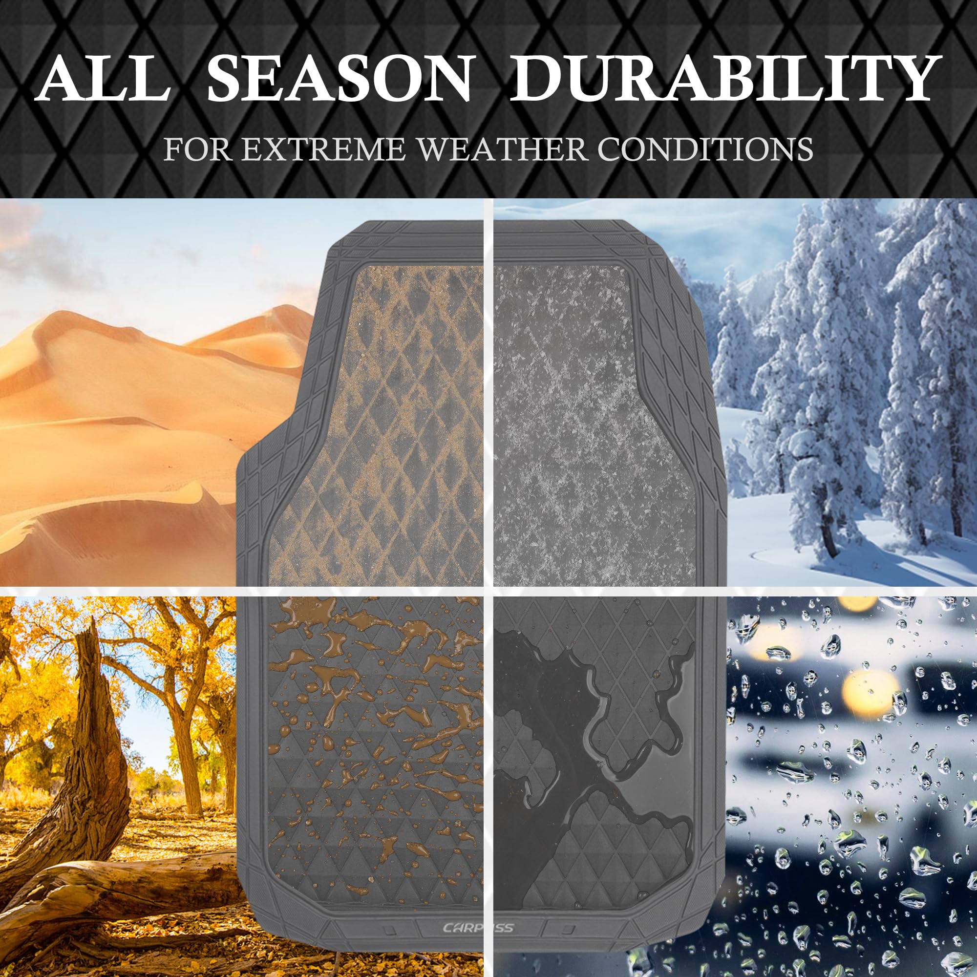 CAR PASS Gray Rubber Car Floor Mats & Cargo Liners, Durable Anti-Slip 3D Rhombus Waterproof Automotive Pad Trim Fit Liner All-We