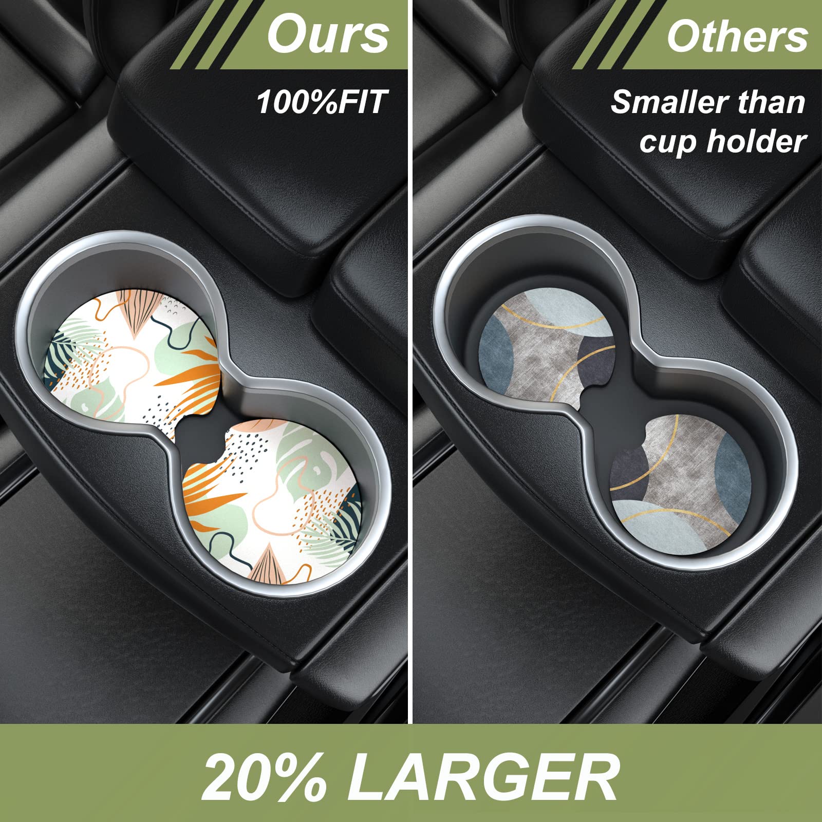 Nipichsha Car Cup Holder Coasters, Car Coasters For Cup Holders, 2 Pack Anti Slip Insert Coasters, Rubber Car Cup Mat With A Finger Notch, Cute Car Interior Accessories For Women Men(Boho Leaves)