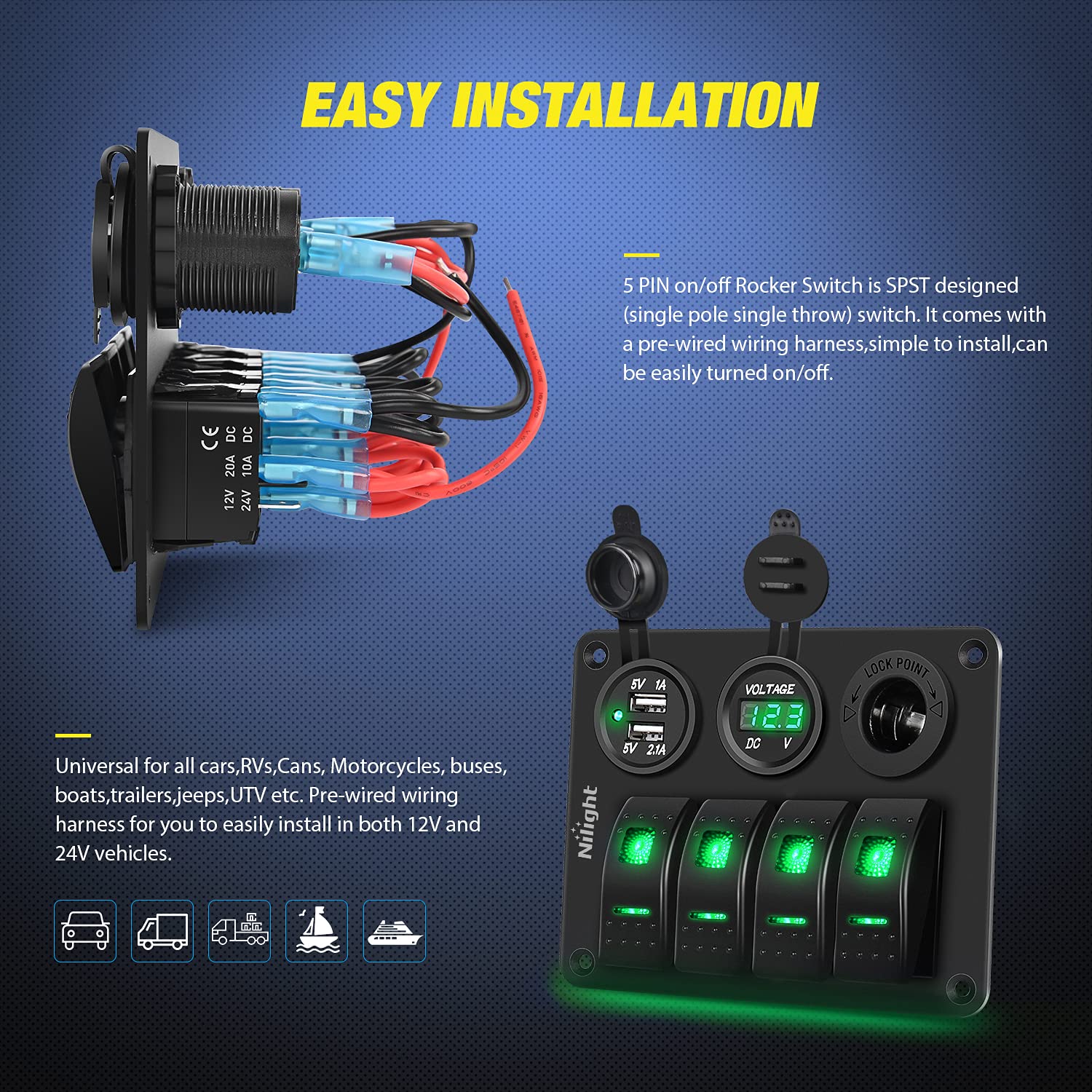 Nilight 4Gang Rocker Switch Panel with USB Charger Voltmeter and Cigar Lighter 12V 24V Toggle ON Off Green Night Glow Stickers f