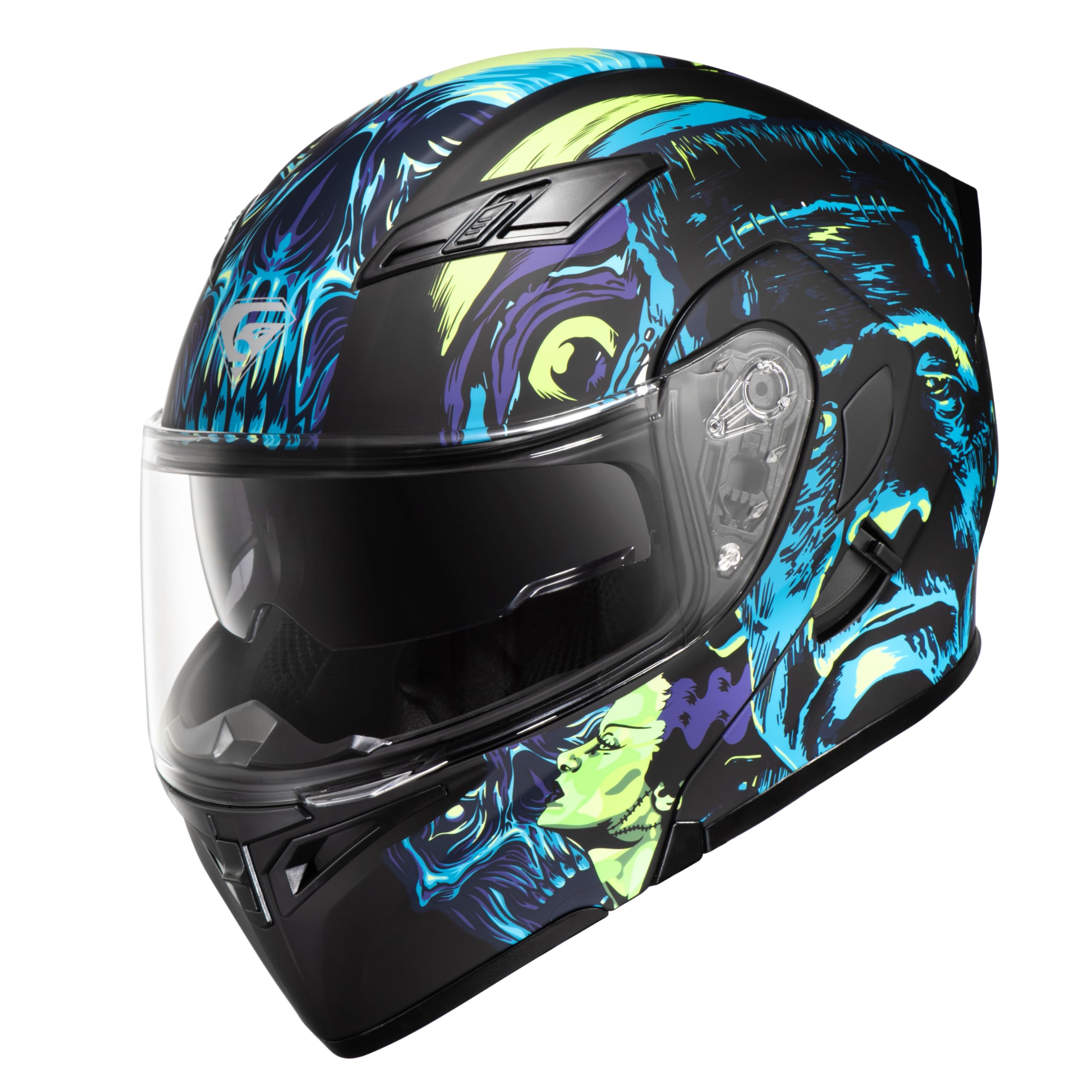 Kypara Motorcycle Dual Visor Flip Up Modular Full Face Helmet With Dot Certification Of Impressionism (Frankenstein, M)