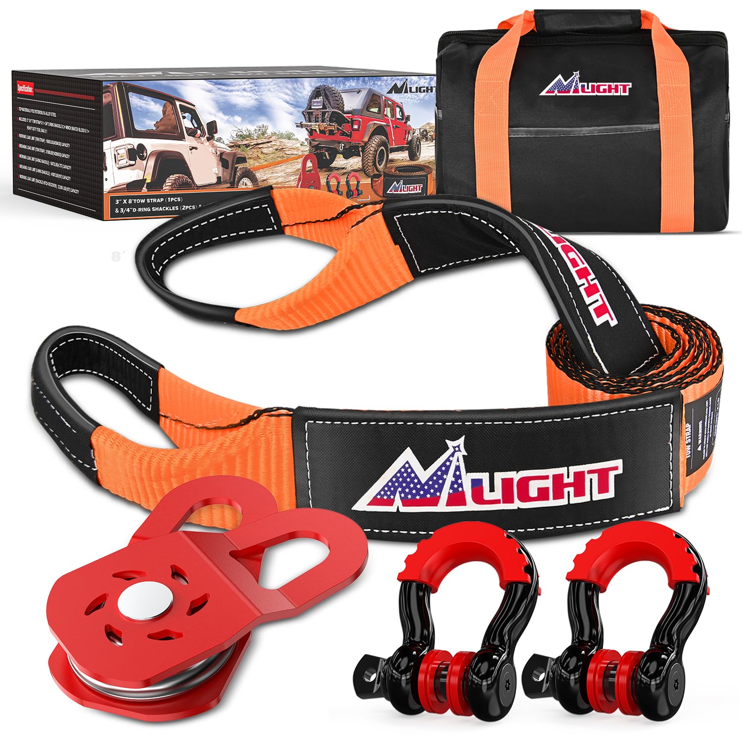 Nilight Offroad Recovery Kit 3'' X 8' Tow Strap With Winch Snatch Block Pulley And 2Pcs 3/4'' Anti-Theft D-Ring Shackles Storage