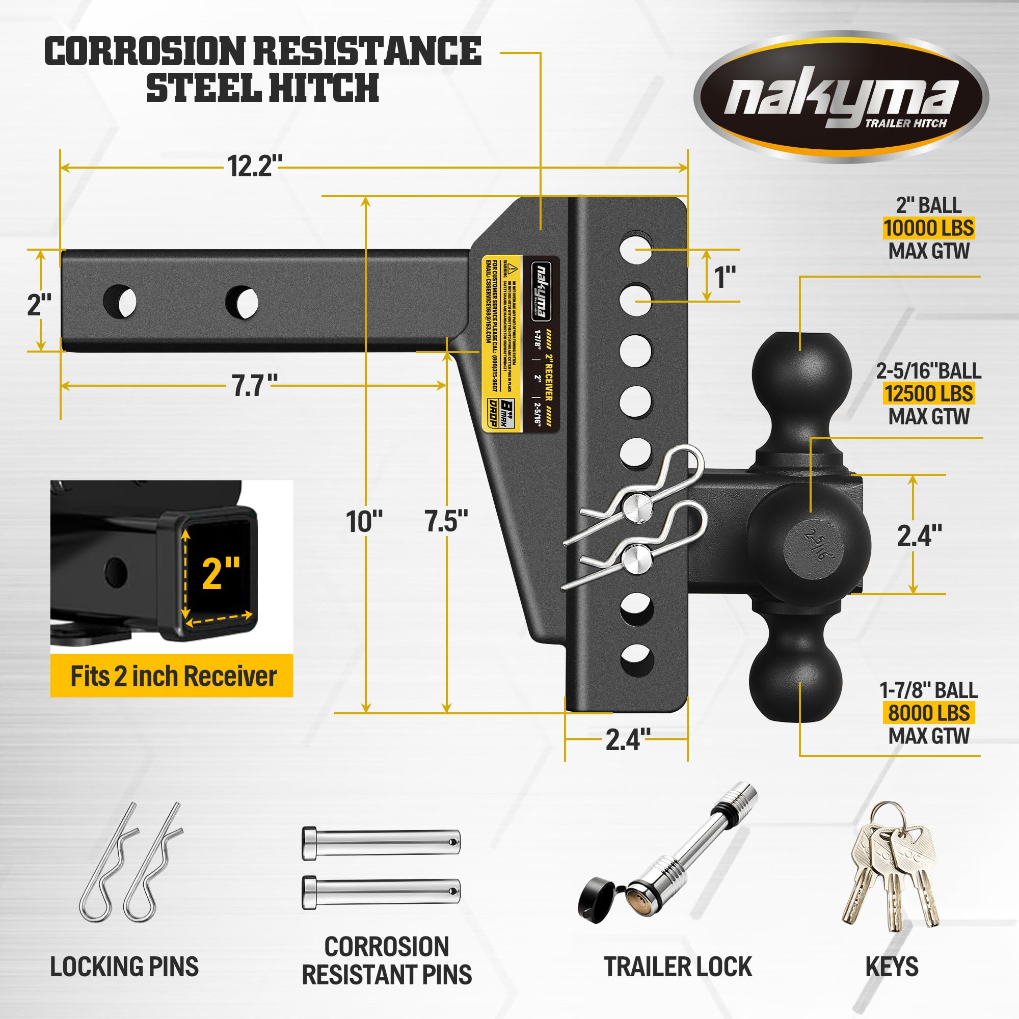 Adjustable Drop Hitch, 8 Inch Drop Trailer Hitch,Tri-Ball(1-7/8'', 2'', 2-5/16'') Hitch, Fits 2-Inch Receiver, Max 12,500 LBS GT