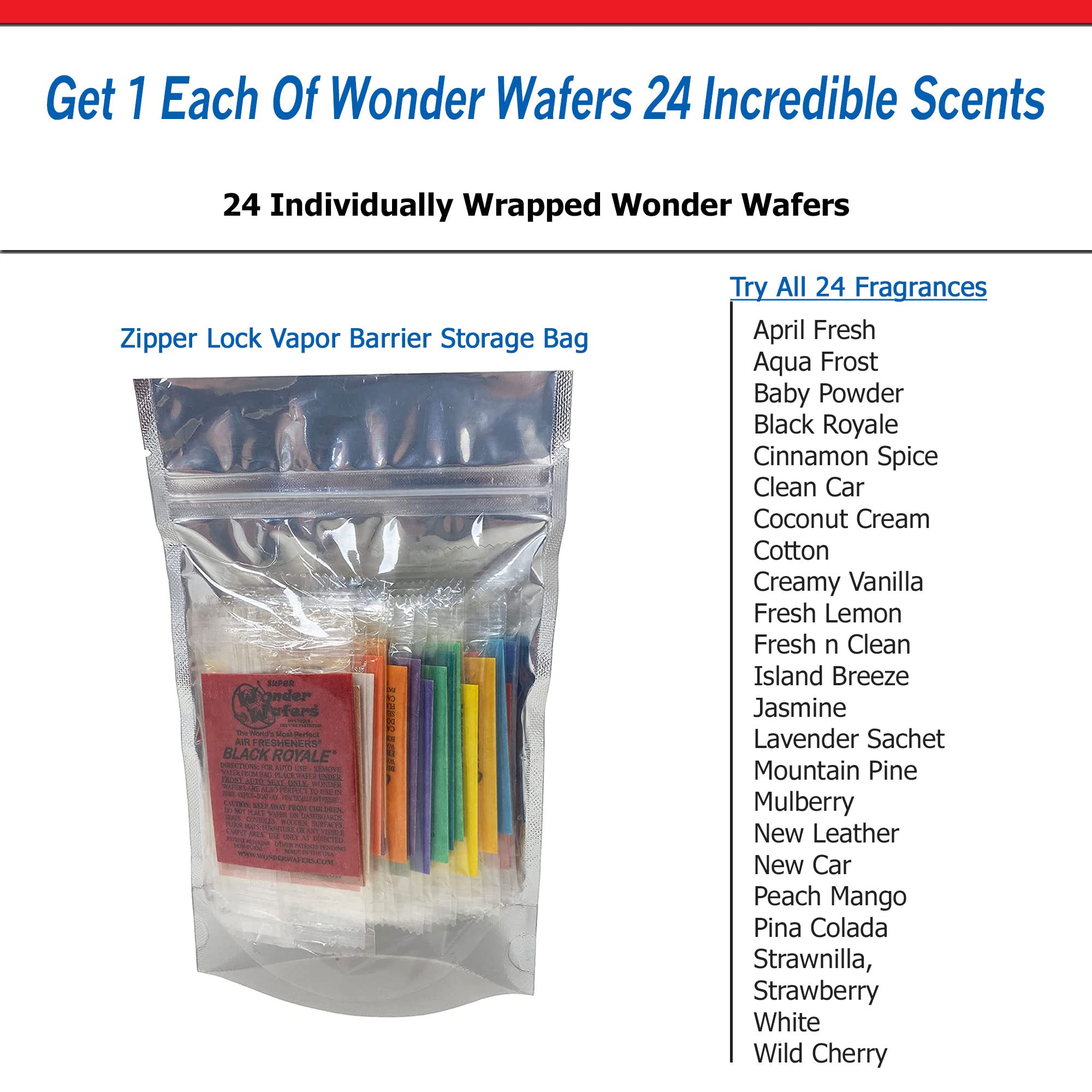 Wonder Wafers Car Air Freshener, Sample Pack, Resealable Vapor Barrier Bag, Includes All 24 Scents (24 Pack)