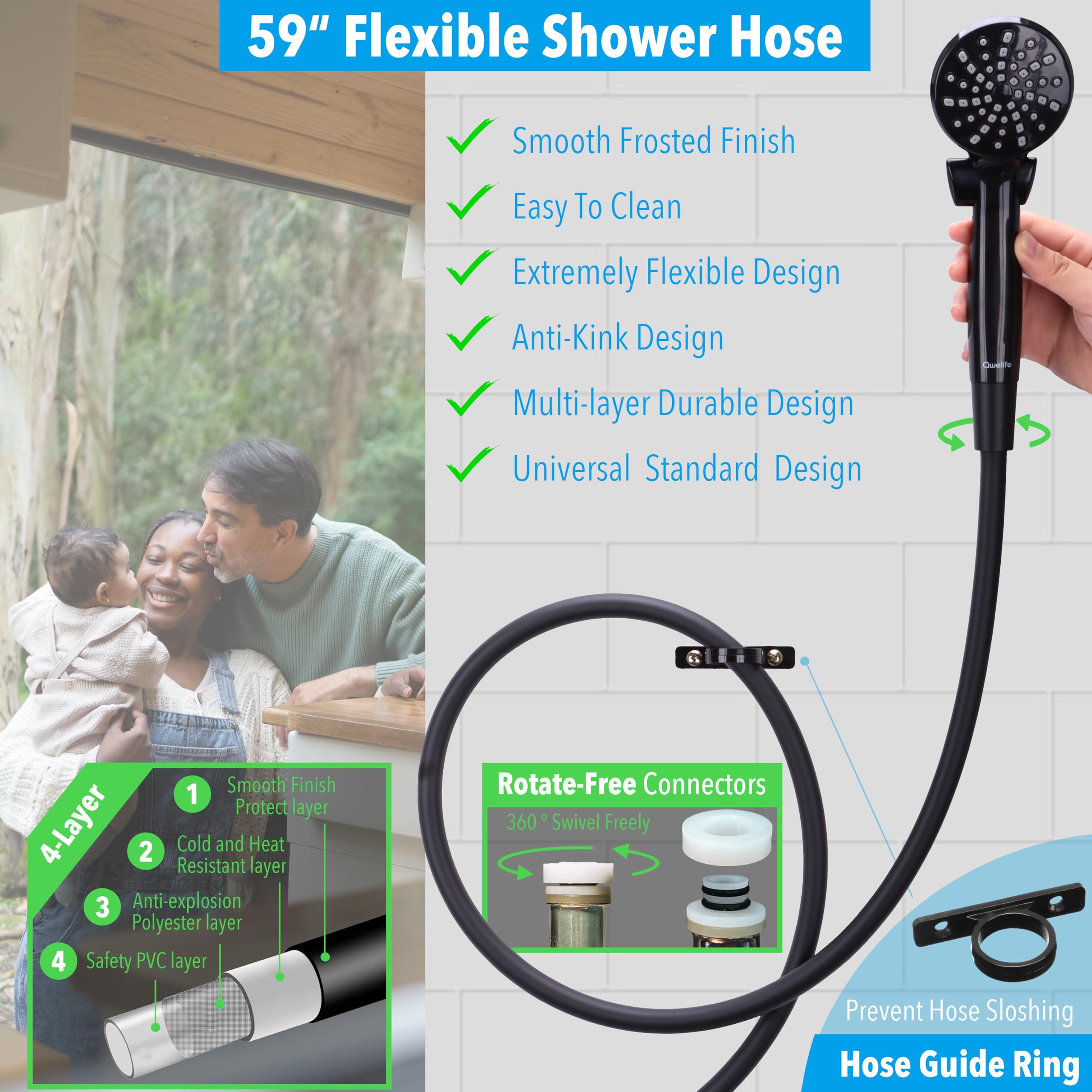 Rv Shower Head With Hose And On Off Switch (Trickle), Water Saving High Pressure Shower Head With Hose Guide Ring, Shower Holder For Rv, Camper, Van, Travel Trailer, Motorhome, Boat, Black