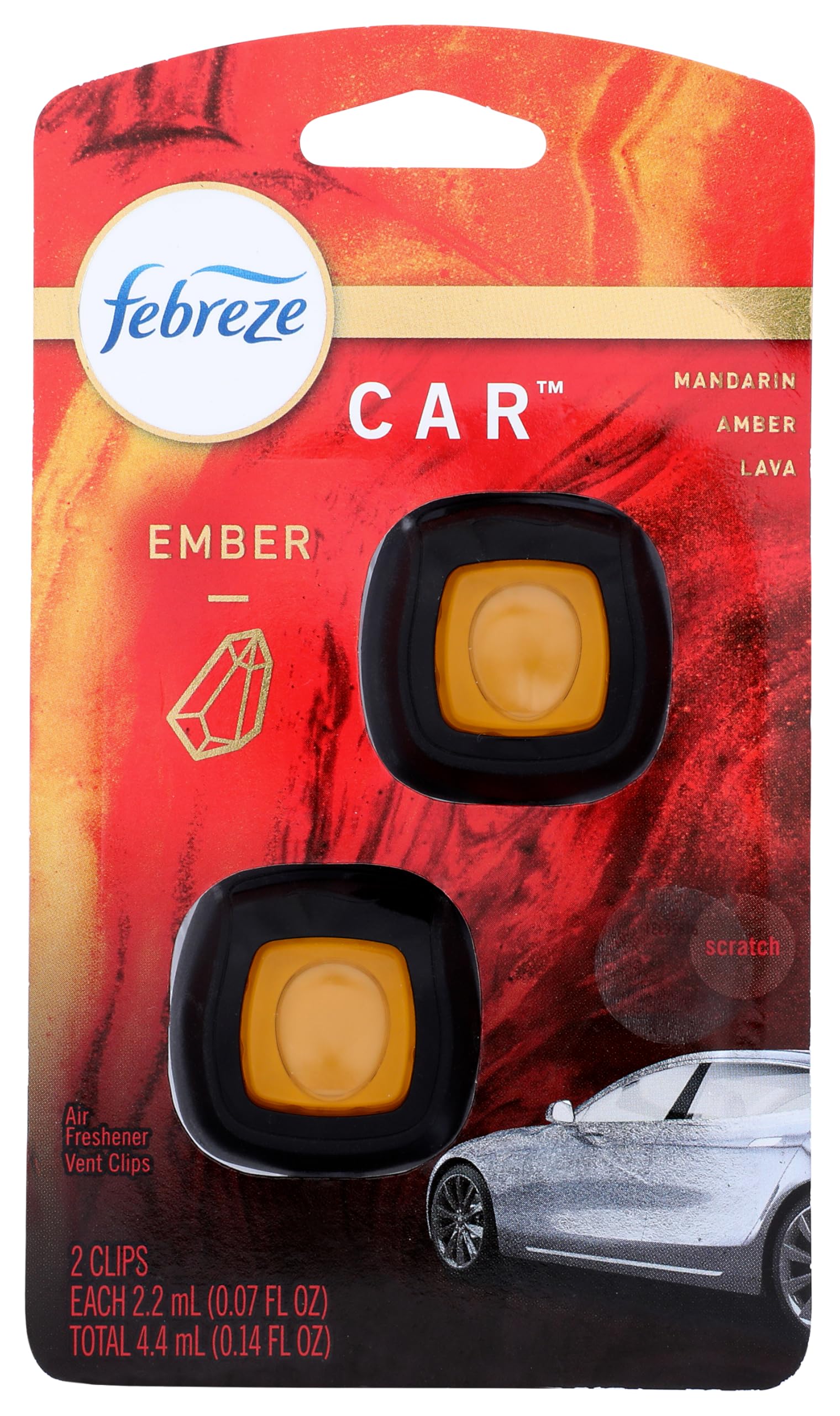 Febreze Auto Air Freshener Vent Clip Ember, 07 Oz. Car Vent Clip, Pack Of 2 (Ember)