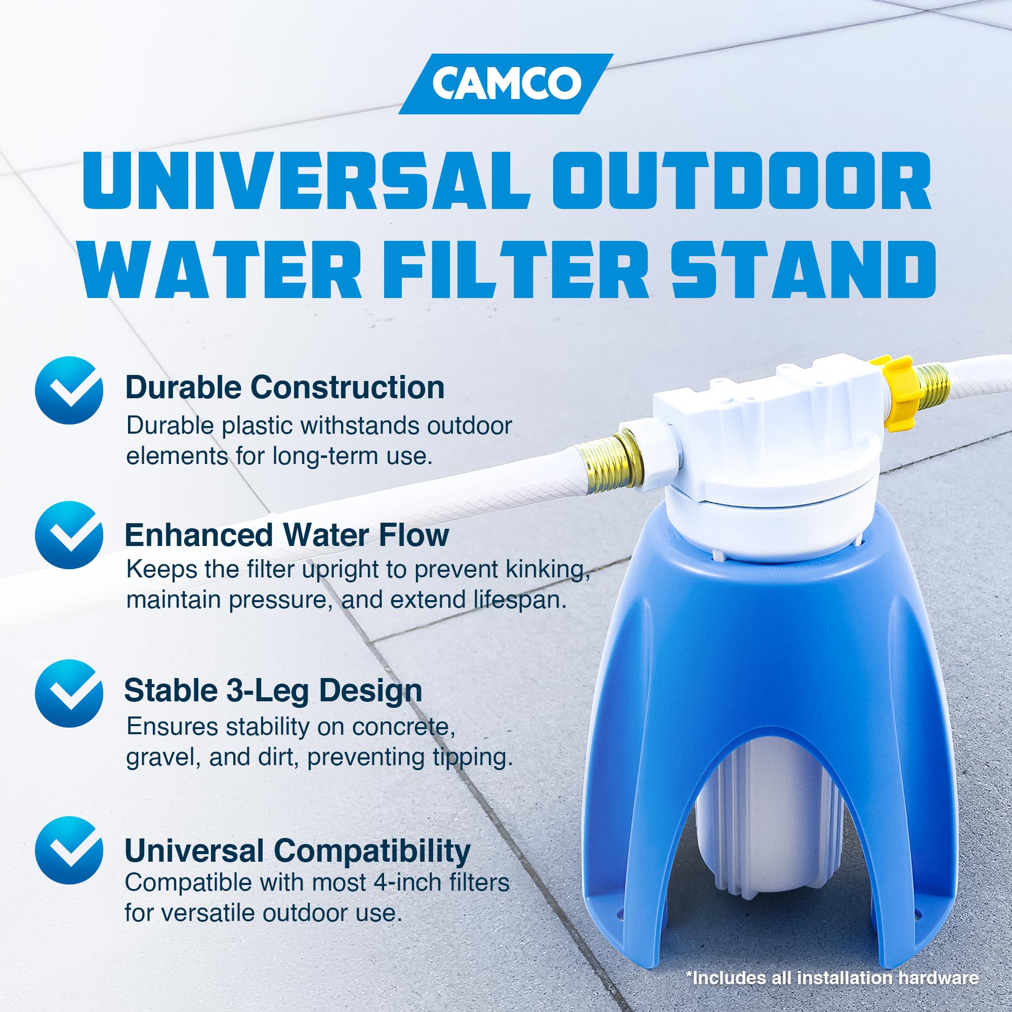 Camco Universal Plastic Stand-Supports Upright Position To Reduce Hose Kinking And Maximize Water Flow Rate-Fits 4-Inch Filters