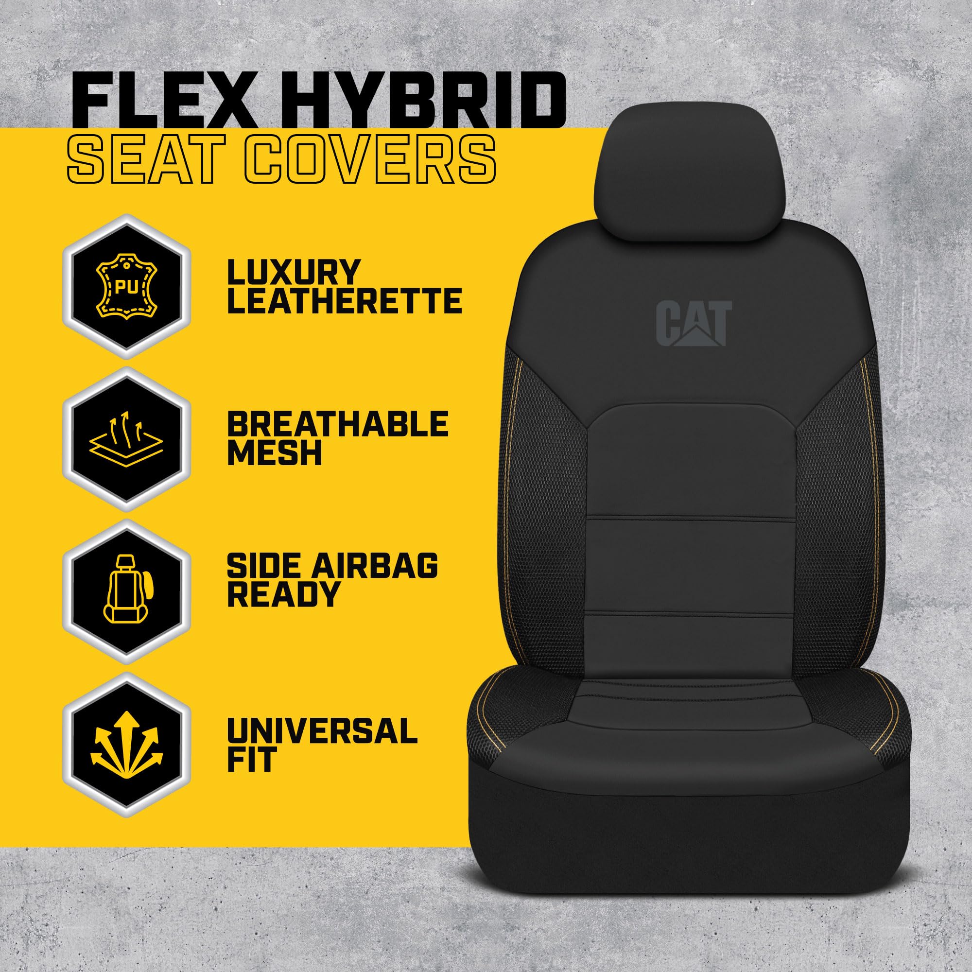 Cat FlexHybrid Car Seat Covers, Black Premium Faux Leather + Mesh Seat Covers for Cars Trucks SUV, Universal Fit Car Seat Covers