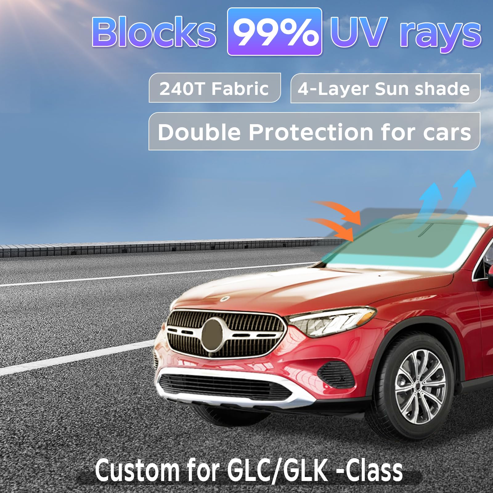 Sun Shade Sunshade For Mercedes Benz Glc 260 Glc 300 Glk-Class 2023-2024 2025 Windshield Cover, 2-Layers Sun Shield 240T Silver