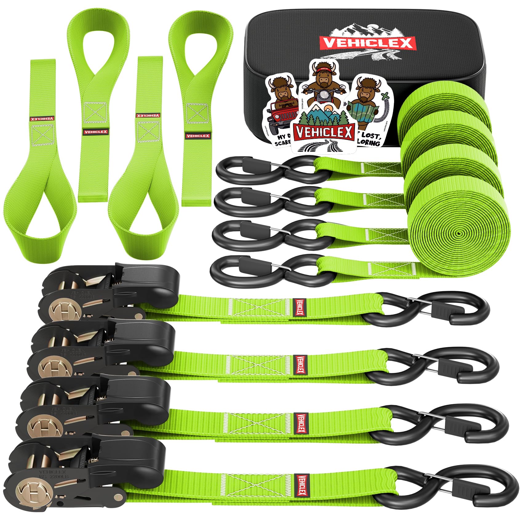 Ratchet Tie-Down Straps Set - (1' X 15', 2200Lbs Breaking Strength) - Vehiclex Soft Loops, Coated S-Hooks, Storage Bag For Atv, Motorcycle, Bicycle, Kayak, Cargo Securing, Green
