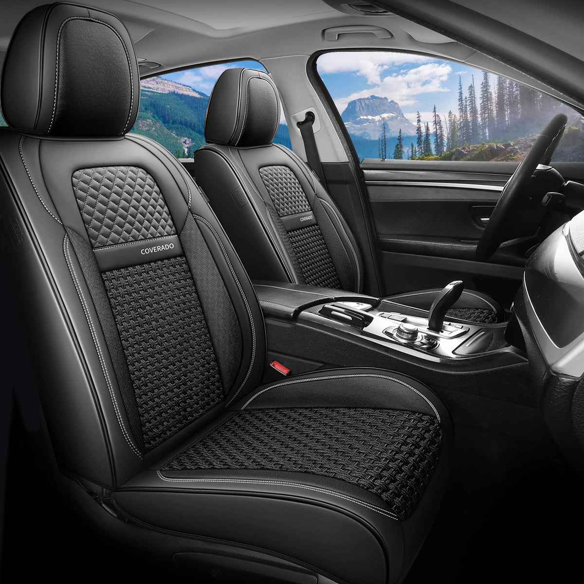 Coverado Leather Front Seat Covers, 2-Pack Universal Waterproof Breathable Leather Woven Leatherette Seat Cushions, Auto Car Sea