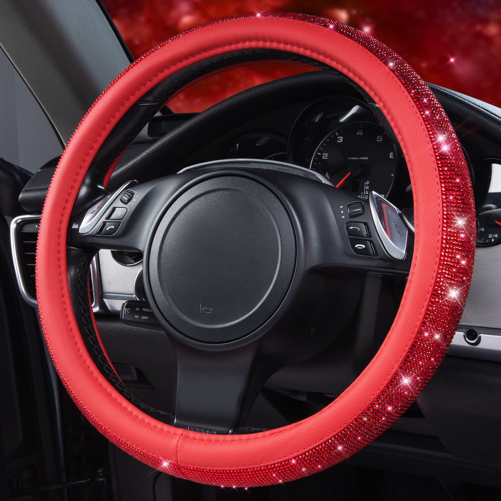 Car Pass Bling Diamond Leather Steering Wheel Cover, With Bling Sparkly Crystal Glitter Rhinestones Universal Fit 14 1/2-15 Car Wheel Protect For Women Girl Fit Suvs,Vans,Sedans,Cars,Trucks, Red