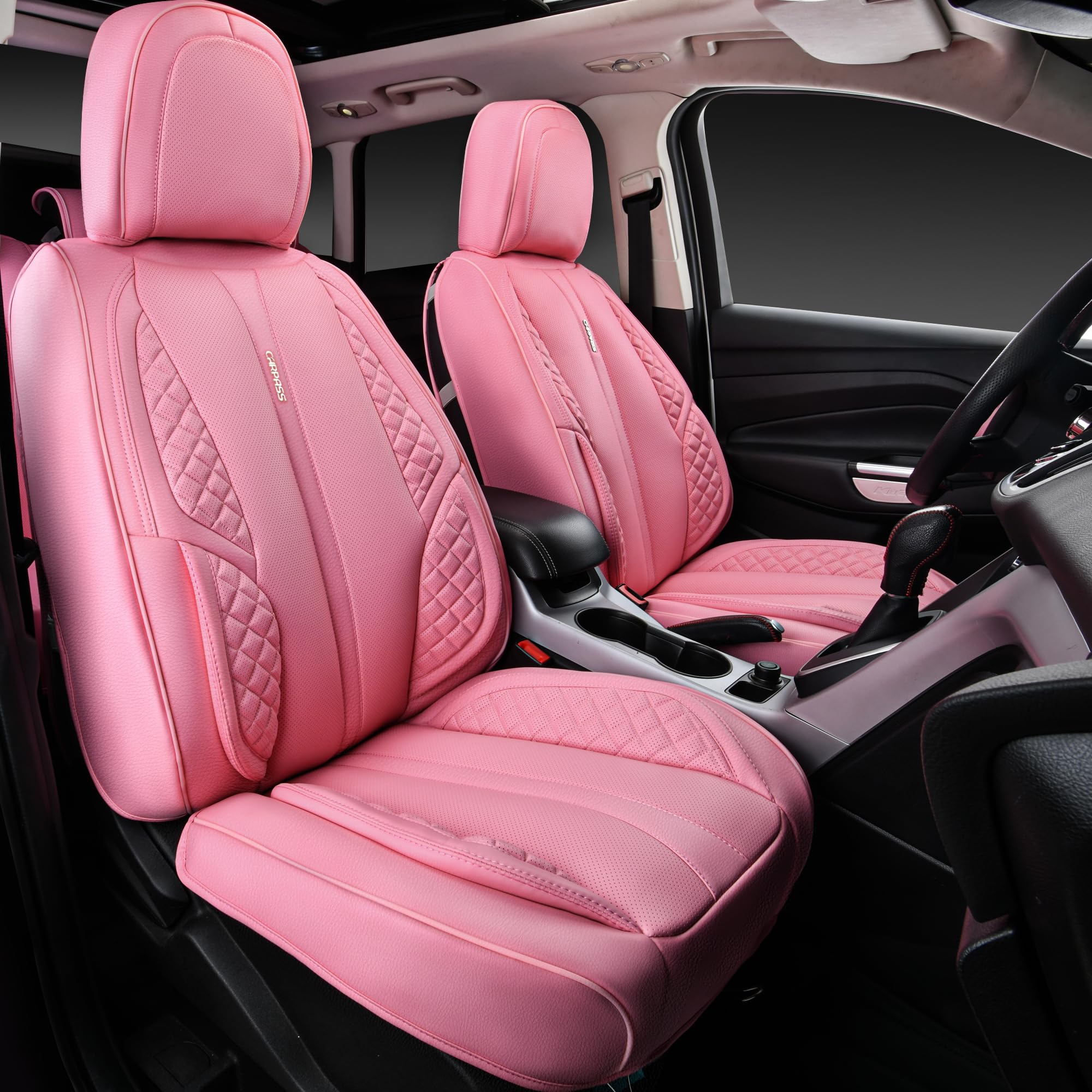 CAR PASS Nappa Pink PU Leather Car Seat Covers Full Set Cute for Women Waterproof Cushioned,Universal Fit for Sedan SUV Pick-up