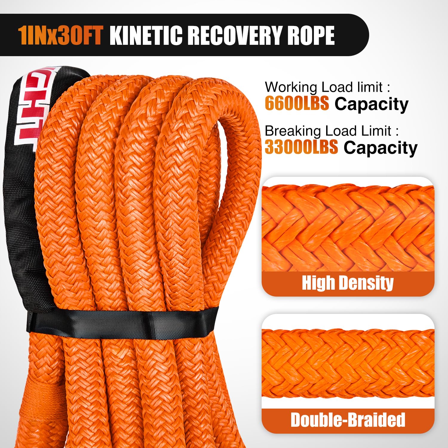 Nilight Kinetic Recovery Rope 33000 LBS 1'' x 30ft Snatch Strap Heavy Duty Offroad Towing Starp Kit Vehicle Recovery kit for UTV