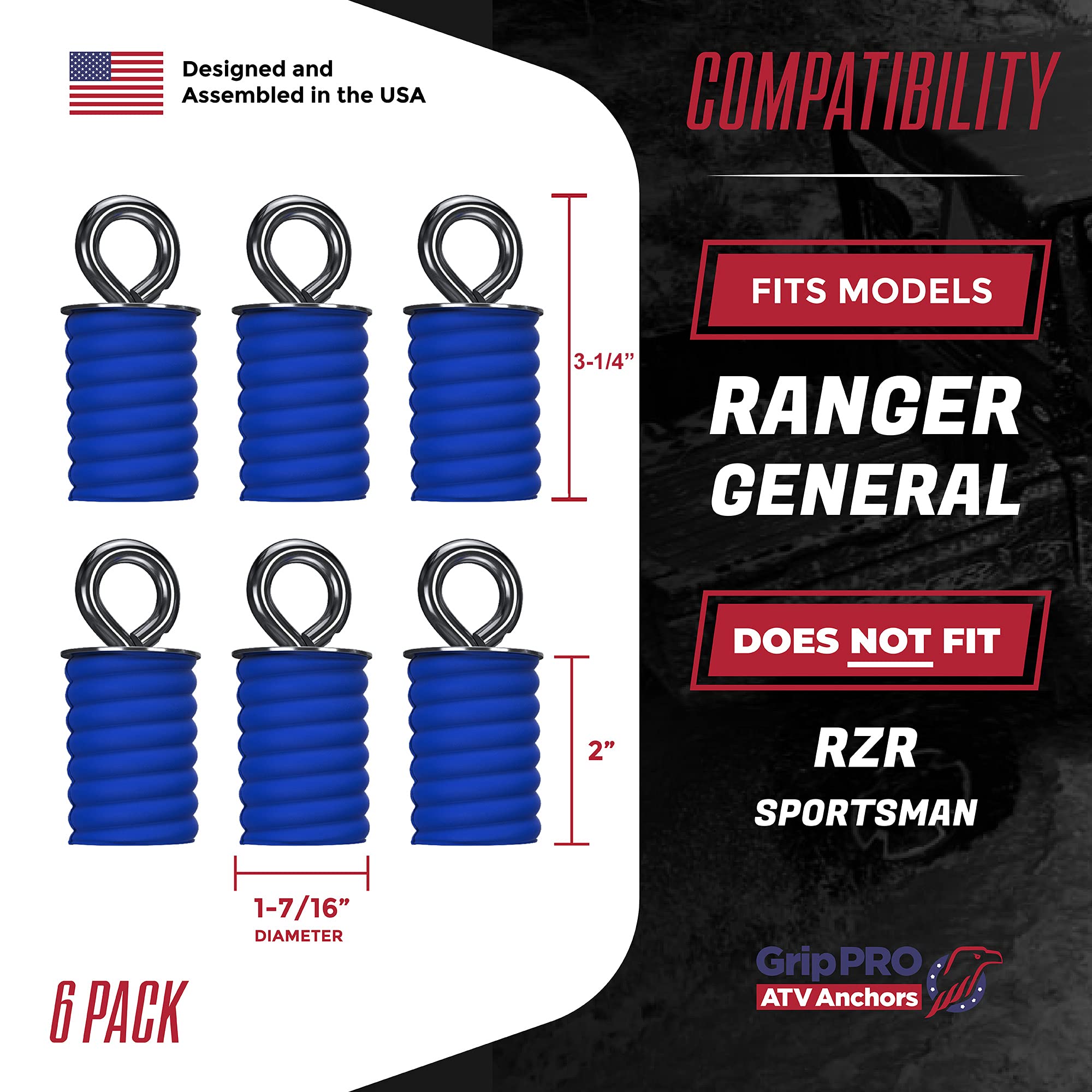 Grippro Atv Anchors To Fit Polaris Ranger & General Lock & Ride - Atv Tie Down Anchors Set Of 6 - Oem Quality Fit Atv Lock And Ride Accessories - Patented Design - Will Not Fit Rzr