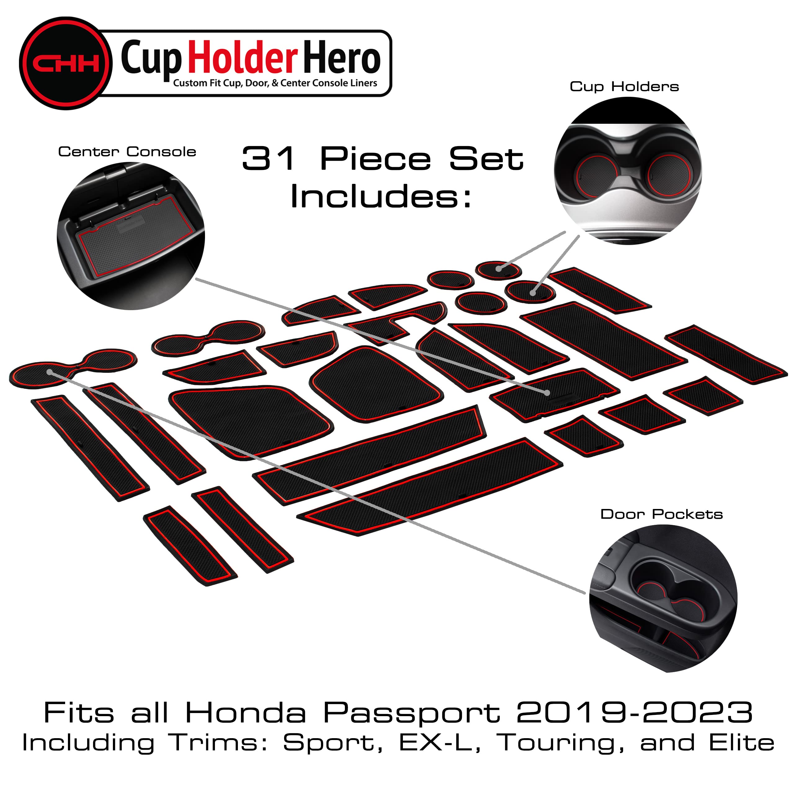 Cupholderhero Fits Honda Passport 2019-2023 Accessories - Premium Custom Non-Slip Anti-Dust Cup Holder Inserts, Center Console L