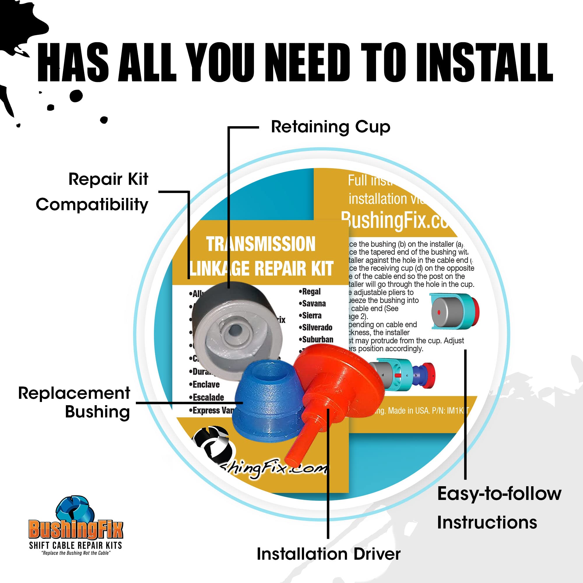 Bushingfix Im1Kit1 - Transmission Shift Cable Bushing Repair Kit - Automatic Transmission Linkage Repair Kit, Transmission Repair Kit, Shifter Cable Bushing Fix, Shift Linkage Bushing Replacement