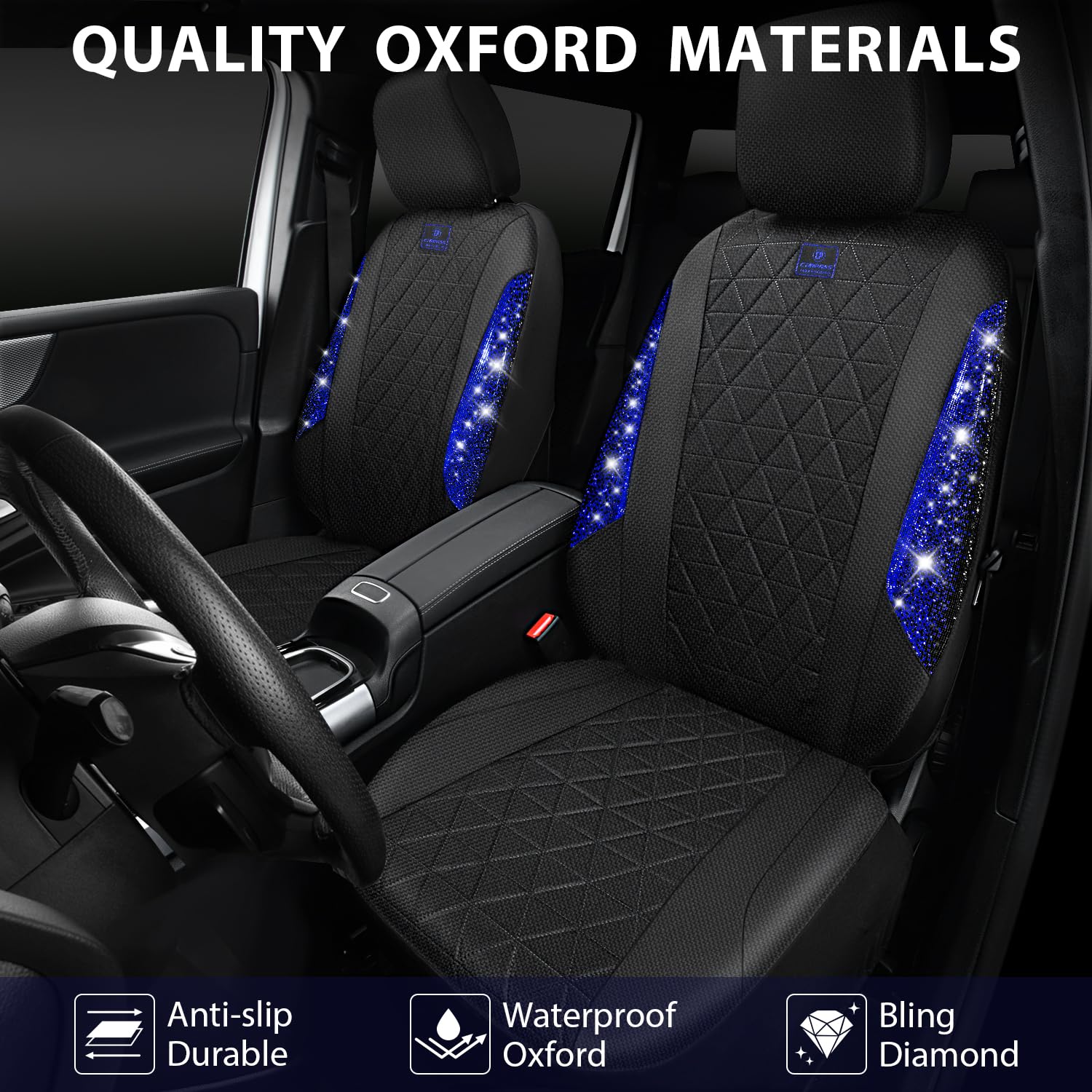 Car Pass Oxford Bling Diamond Car Seat Cover 2 Front Interior Sets, Waterproof Universal Shining Glitter Sparkly Crystal Fit Arm