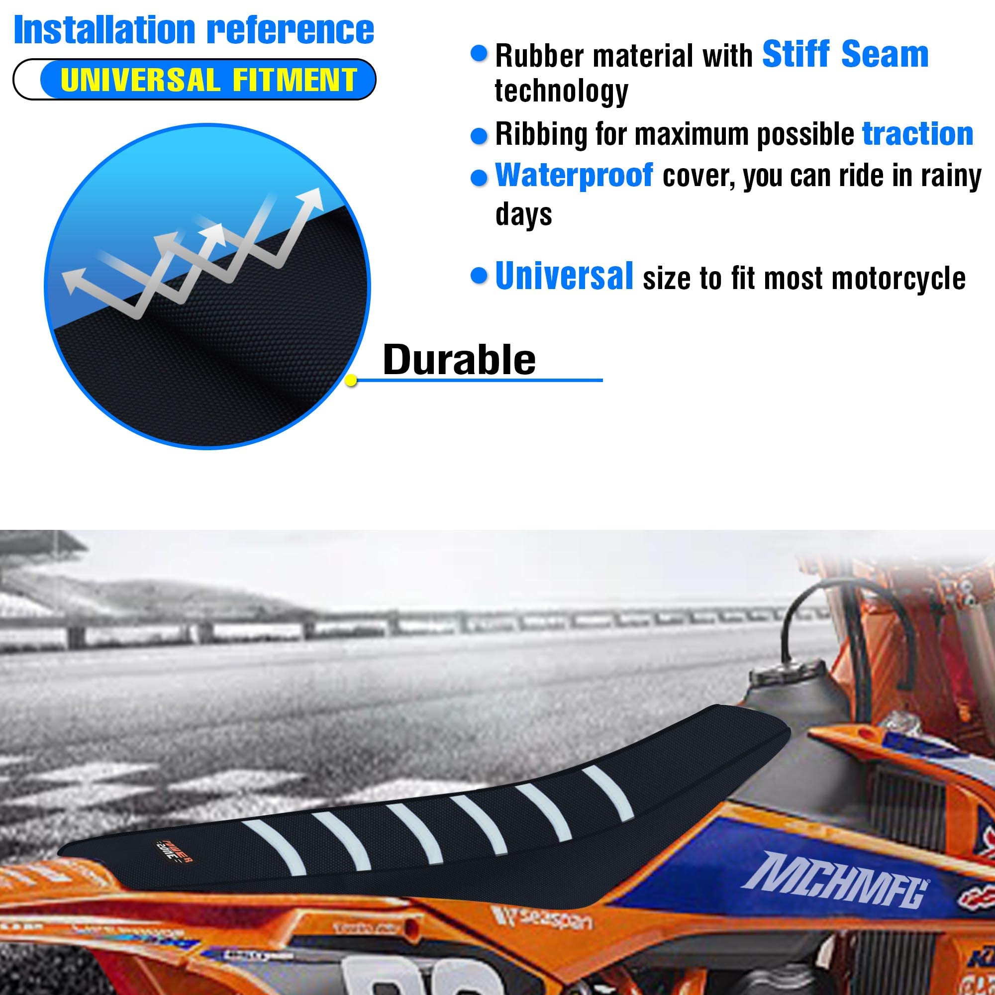 MCHMFG Motorcycle Universal Seat Cover Non-Slip Rubber Striped Gripper Soft Sewing for CRF WR WRF RMZ YZF SXF EXC EXC XC SX CR K