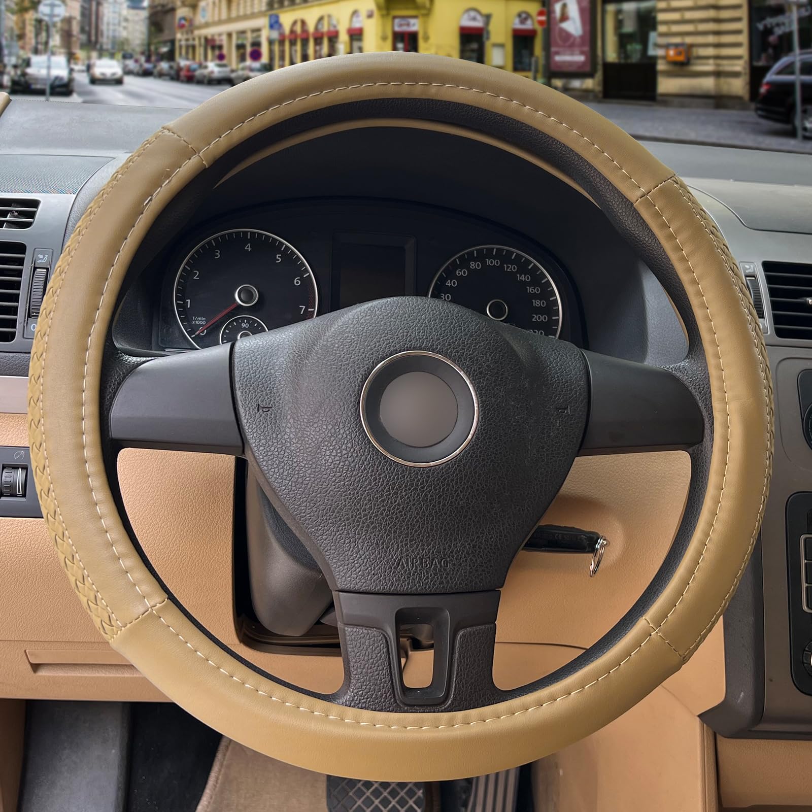 Flying Banner Car Steering Wheel Cover Faux Leather Massage Universal Fit 3D Faux Leather Woven Anti-Slip Sporty 15 Inches