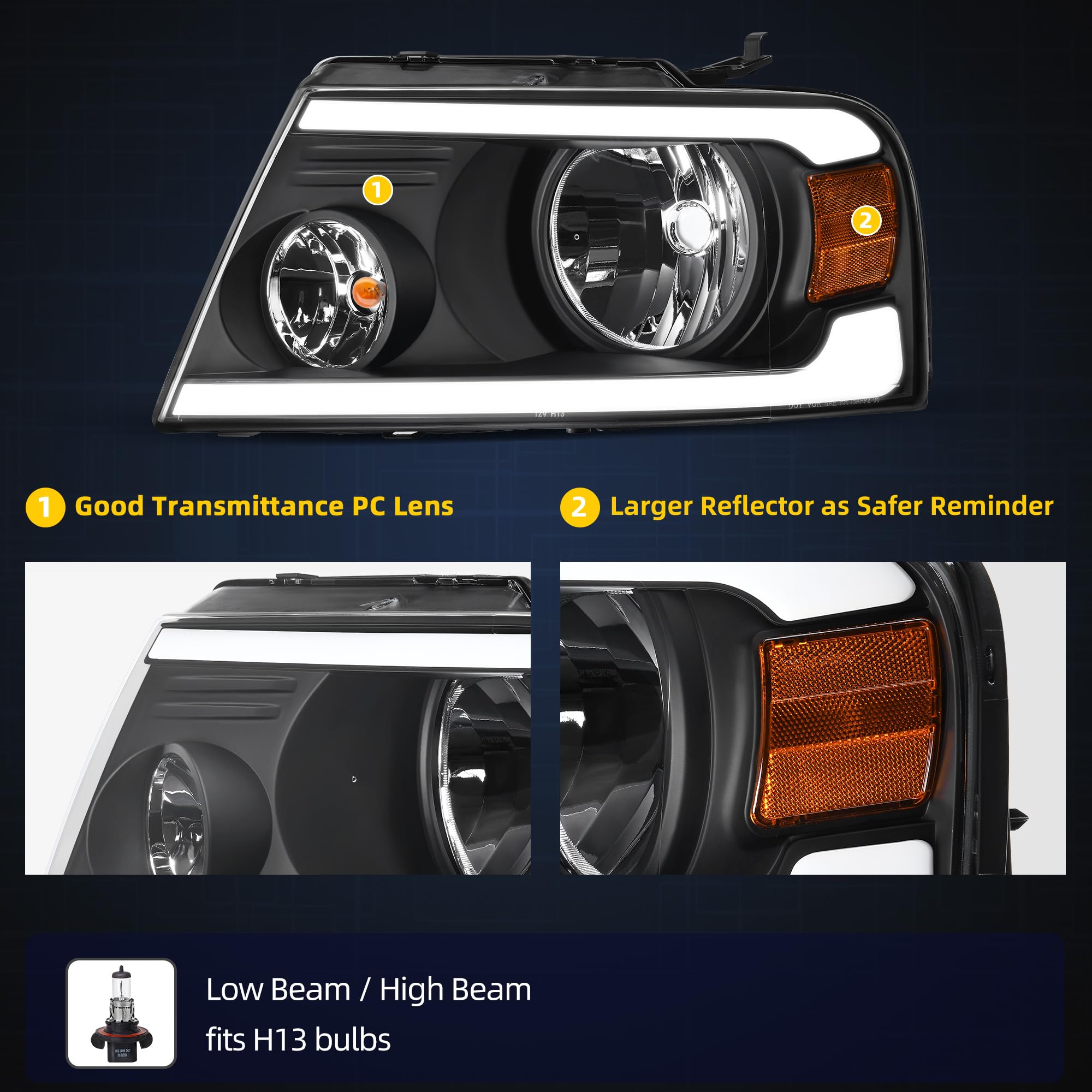 Dwvo Headlights Assembly Compatible With 2004 2005 2006 2007 2008 Ford F-150/2006-2008 Lincoln Mark Lt Headlamp With Led Drl Rep