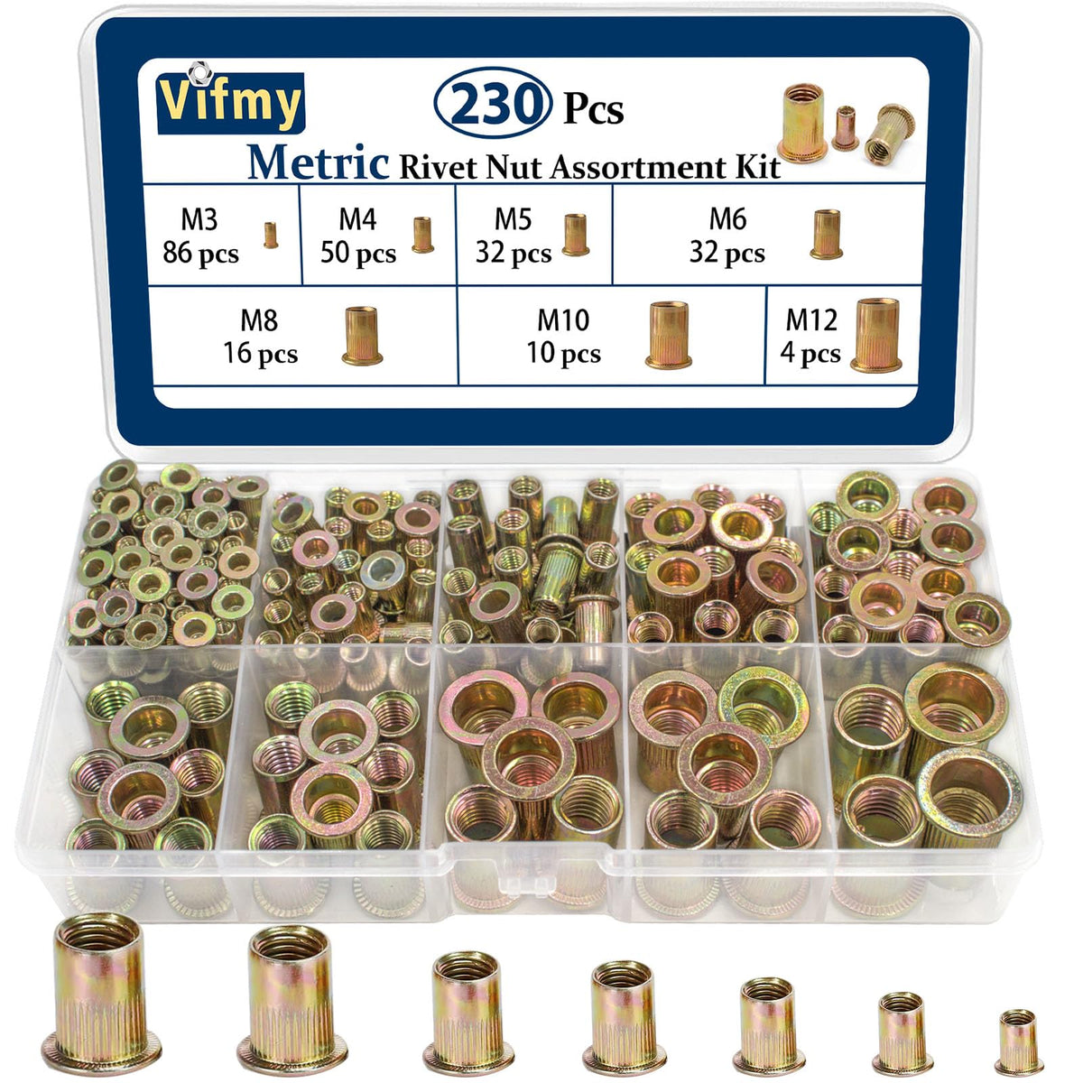 Vifmy Metric Rivet Nut Assortment Kit(230 Pcs), M3 M4 M5 M6 M8 M10 M12 Flat Head Rivnut Set,Zinc Plated Finish Carbon Steel Nutsert