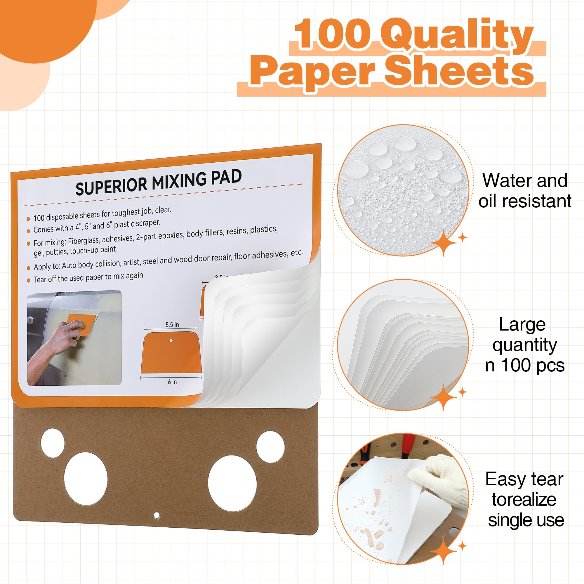 Saillong Body Filler Mixing Board Kit, 1 Body Filler Mixing Pad 12-12 in, 3 Yellow Plastic Scrapers (4-5-6 in), 100 Disposable P