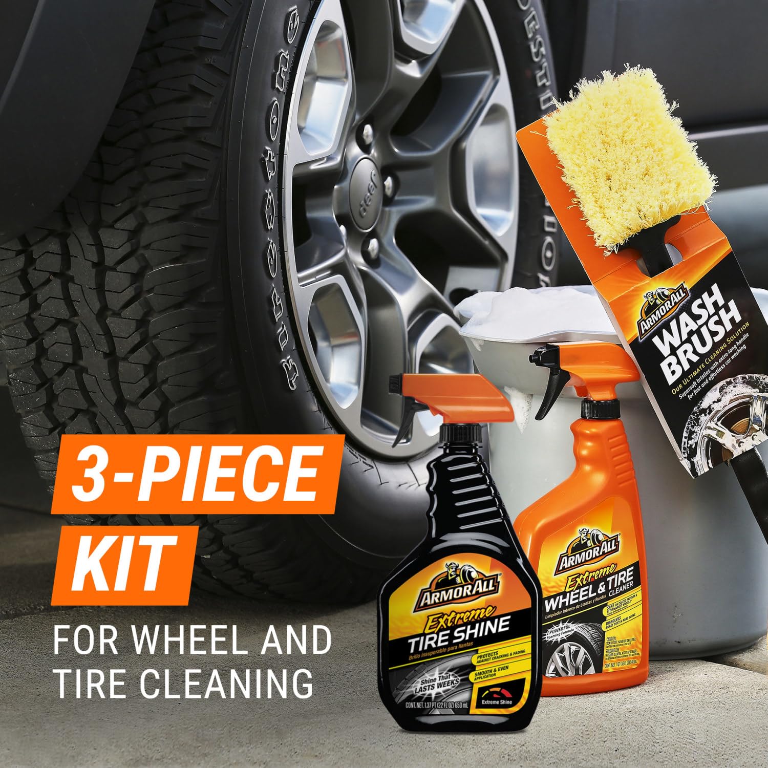 Armor All Wheel Cleaner And Tire Shine Kit, Heavy Duty Car Wheel Cleaner, Extreme Tire Shine Spray And Wash Brush - 3 Count