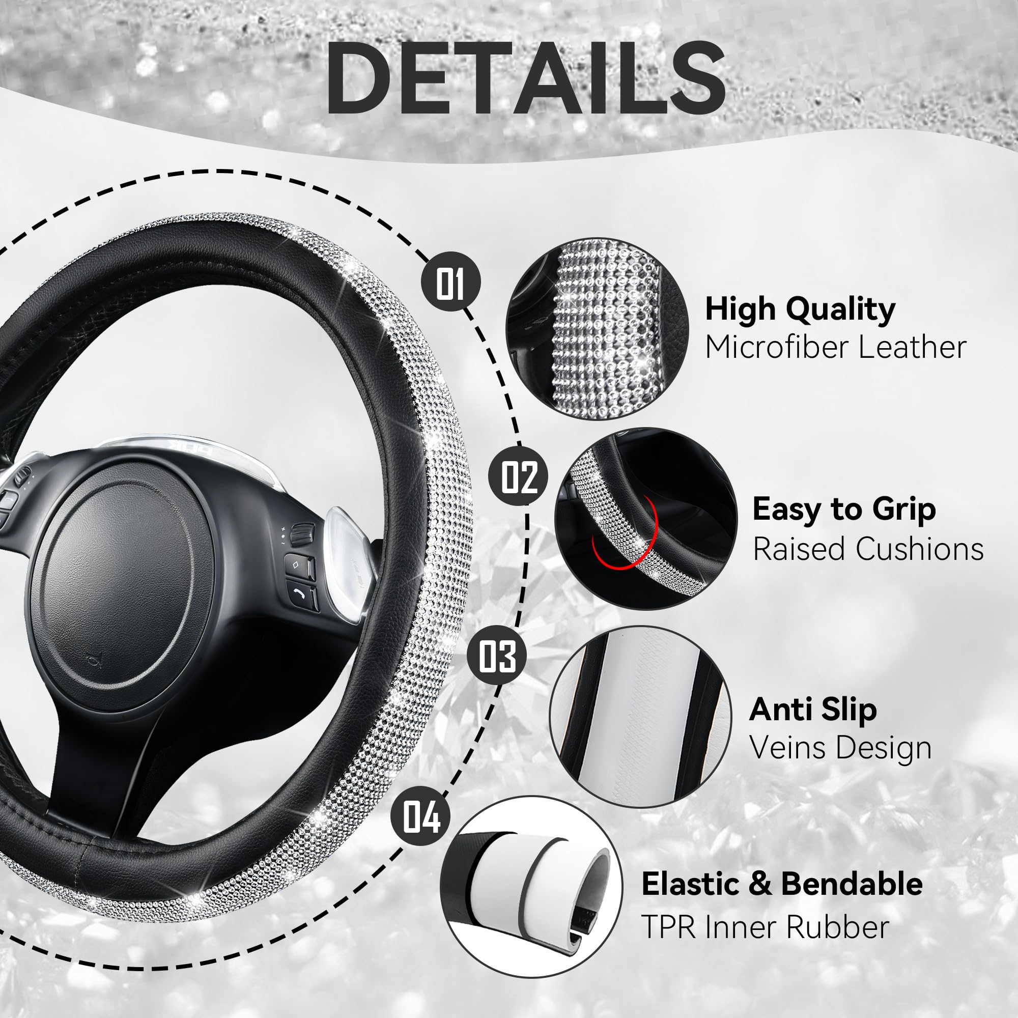 CAR PASS 30 PCS Bling Car Accessories Set for Women, Bling Steering Wheel Covers 15 Inch, Shining Rhinestone License Plate Frame