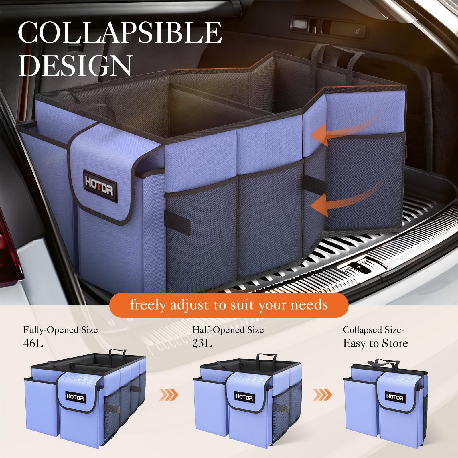 Hotor Large-Capacity Trunk Organizer - Foldable For Suvs & Sedans, Sturdy Organization For Car Accessories, Tools, Sundries, Blu