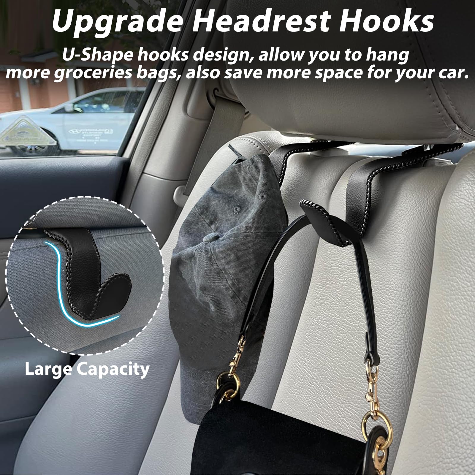 Etre Jeune Purse Hook For Car, Car Purse Holder Headrest Hook Vehicle Leather Storage Hook For Hanging Purses And Bags, 2 Pack Black