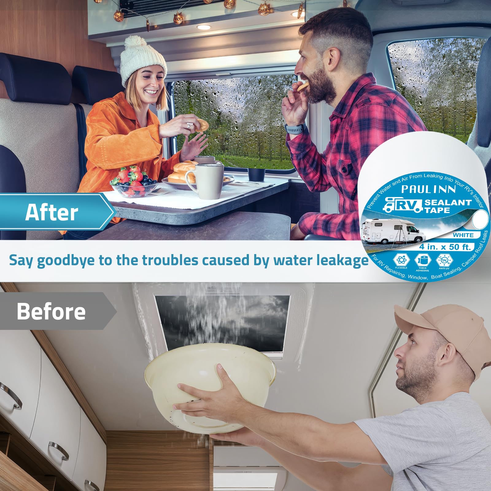 Paulinn Rv Camper Roofing Repair Sealant Tape White, 4 Inch X 50 Foot Natural Rubber Roof Sealing Tape, Uv & Weatherproof Roof S