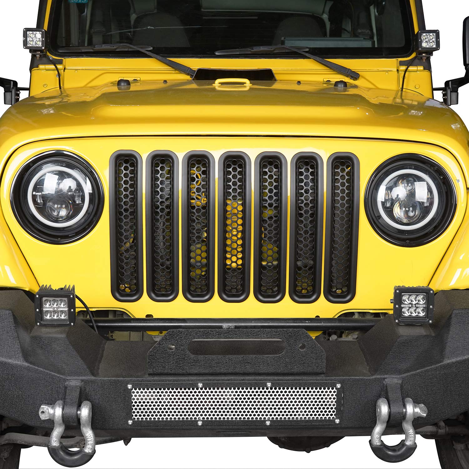 Hooke Road Black Front Grill Mesh Inserts Clip-In Honeycomb Grille Guards For 1997-2006 Jeep Wrangler Tj & Unlimited (Pack Of 7)