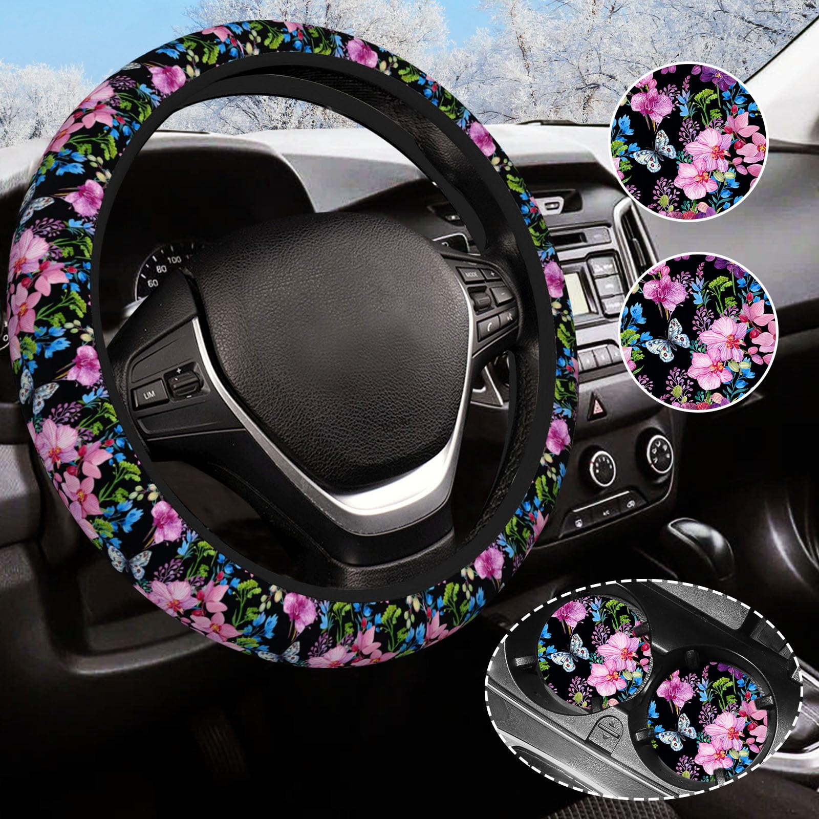 Beautiful Butterfly Steering Wheel Cover for Women Men with 2 Pcs Car Coasters, Universal 14.5-15 Inch Flowers Steering Wheel Co