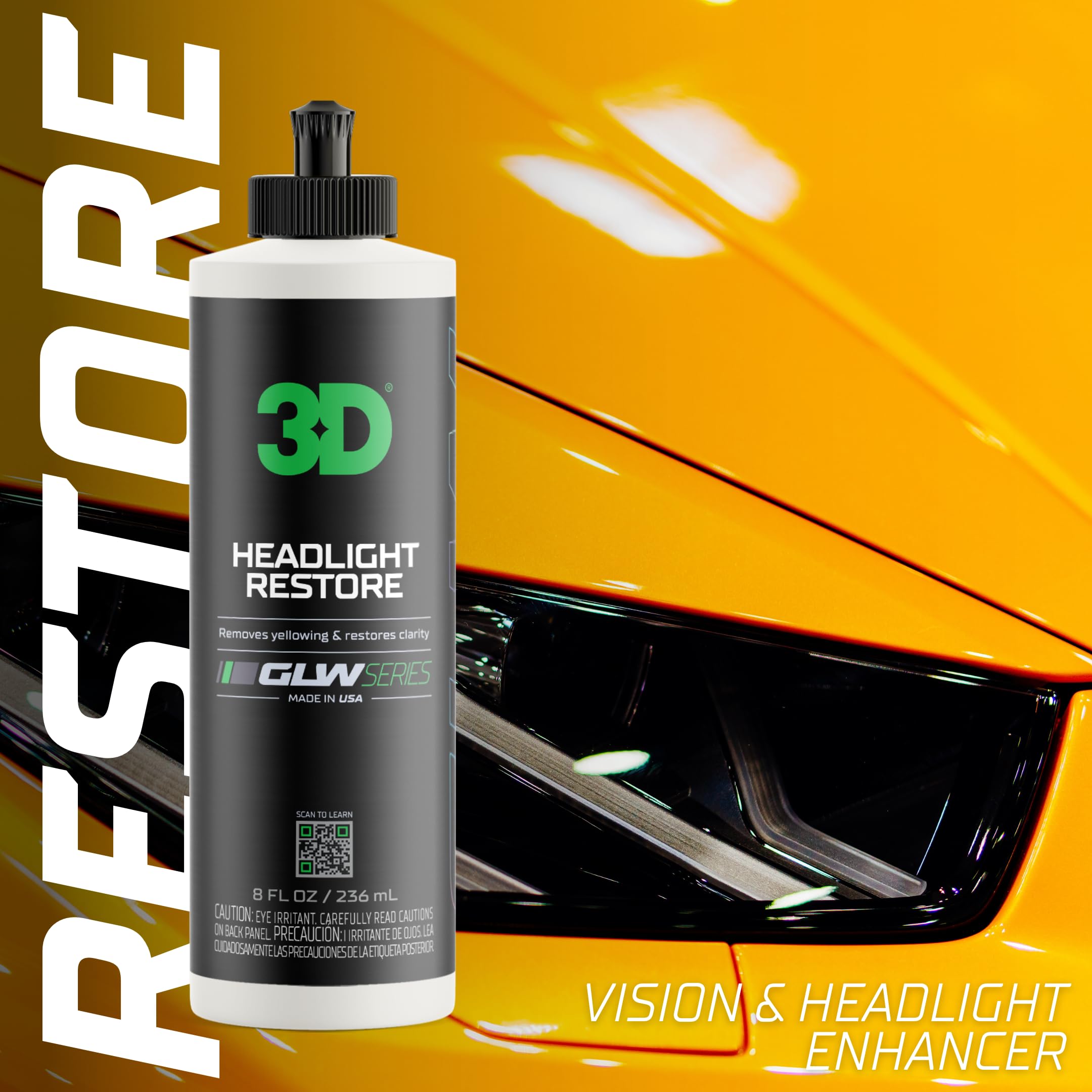 3D Headlight Restore Glw Series | Restores & Polishes Headlights | Removes Dullness, Yellowing And Oxidation | Crystal Clear Opt