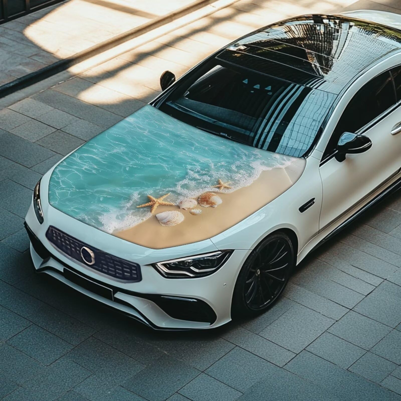 Qiyupavto Beach Starfish Shells Hood Cover for Car SUV Sedan Truck, Waterproof Elastic Polyester Car Hood Protector, Automotive