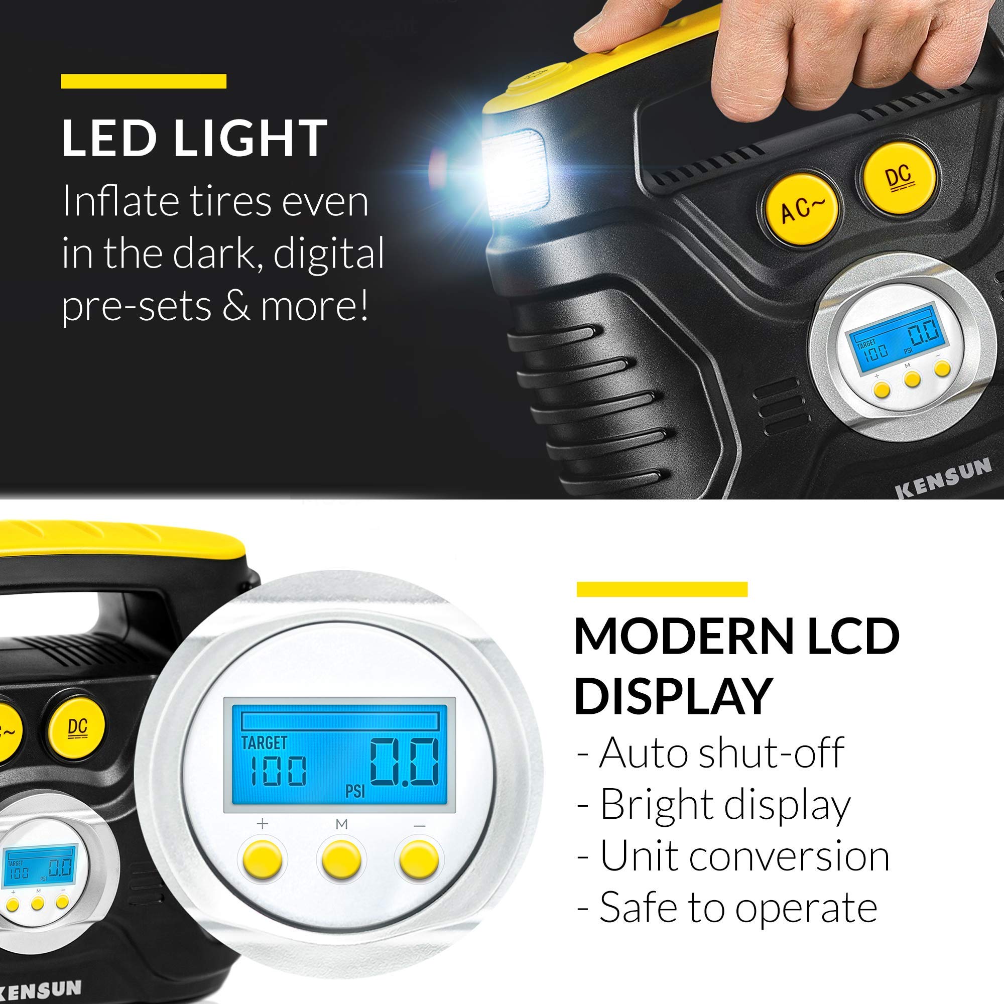 Kensun AC/DC Tire Inflator Pump for Car 12V DC and Home 110V AC Swift Performance 2.0 Portable Air Compressor Pump for Car and H