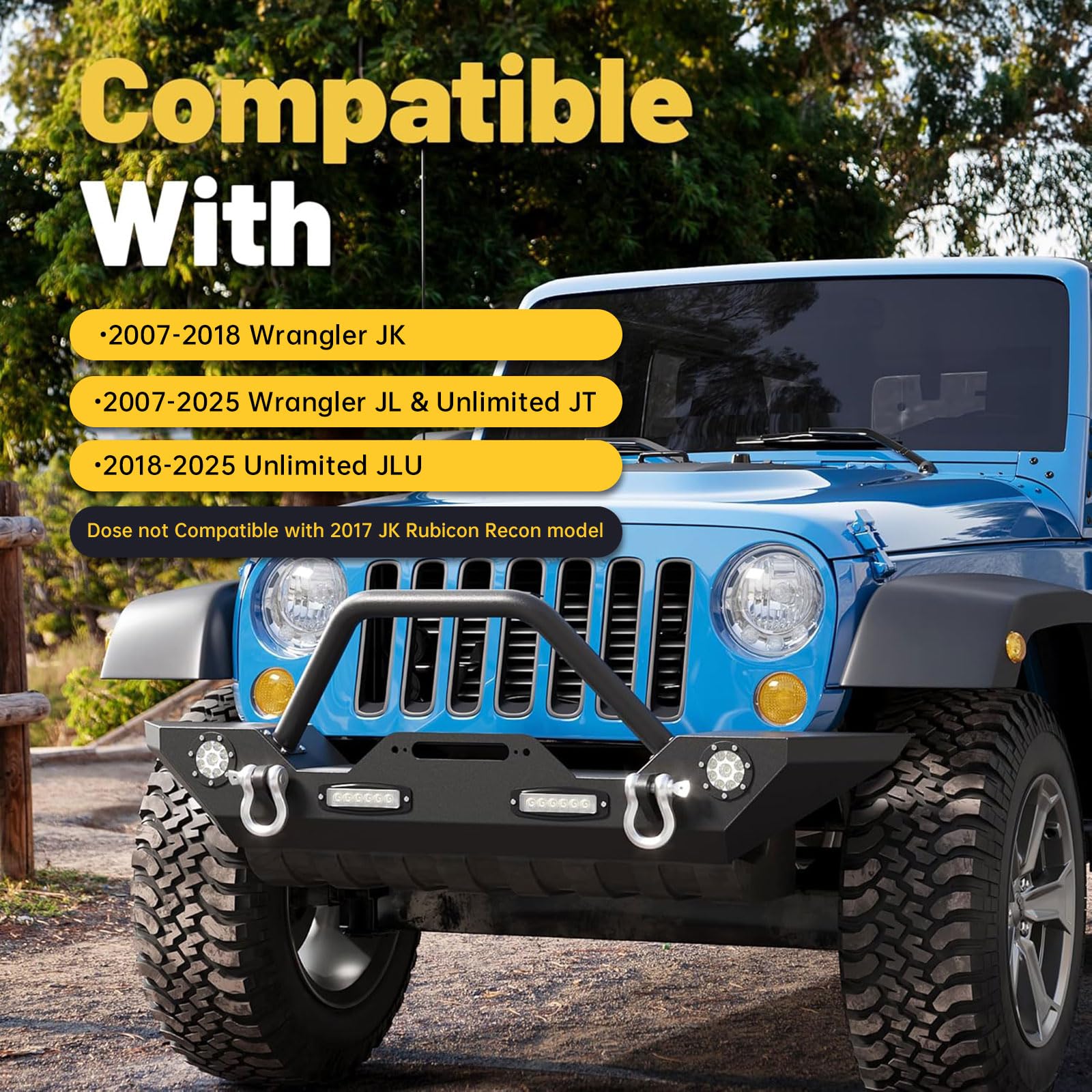 ECOTRIC Front Bumper Compatible with 2007-2022 Jeep Wrangler JK/JKU JL/JLU Gladiator JT With Winch Plate, LED Lights and D-rings