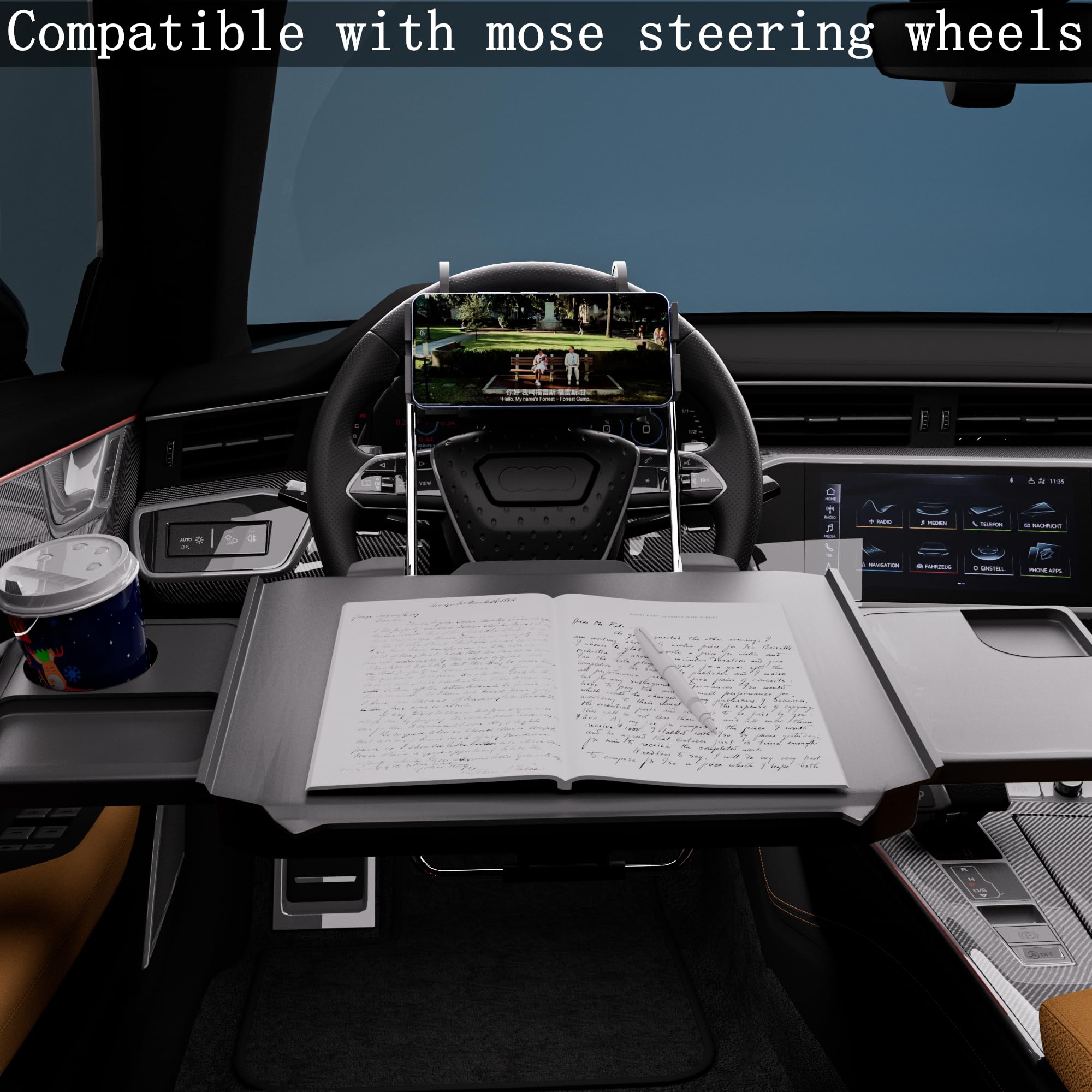 Hzgamer 2 In 1 Large Car Steering Wheel Tray/Back Seat Headrest Table With Phone Holder For Eating Food Drink And Writing Work,