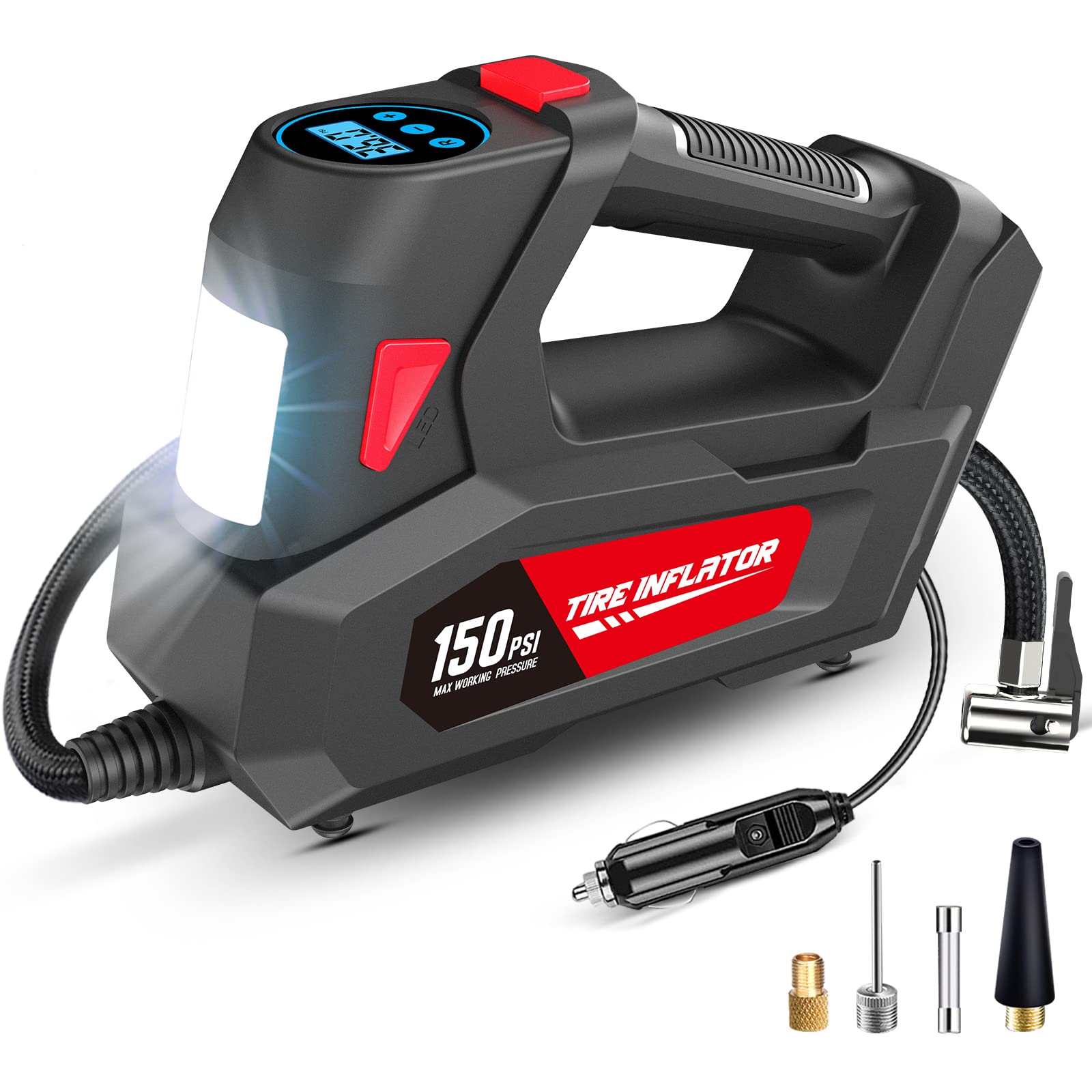 Air Compressor Tire Inflator Portable Air Pump For Car Tires Dc 12V Auto Tire Pump With Digital Pressure Gauge,150Psi With Emergency Led Light For Car, Motorcycle, Bicycle And Other Inflatables