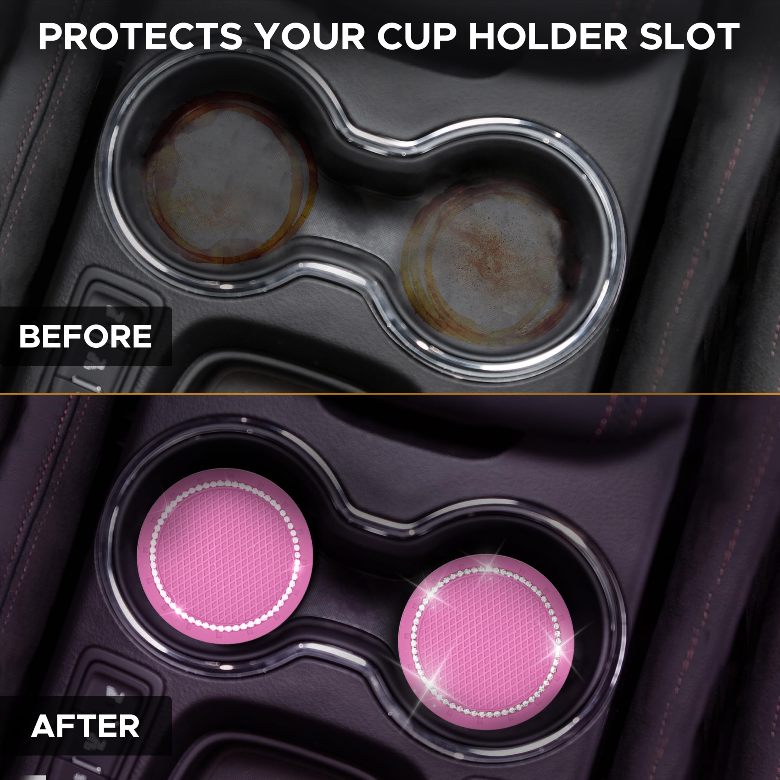EcoNour Car Cup Coasters (2 Pack) with Pink Push Start Button Bling Ring (1 Pack) | Pink Car Interior Accessories for Women | Cl